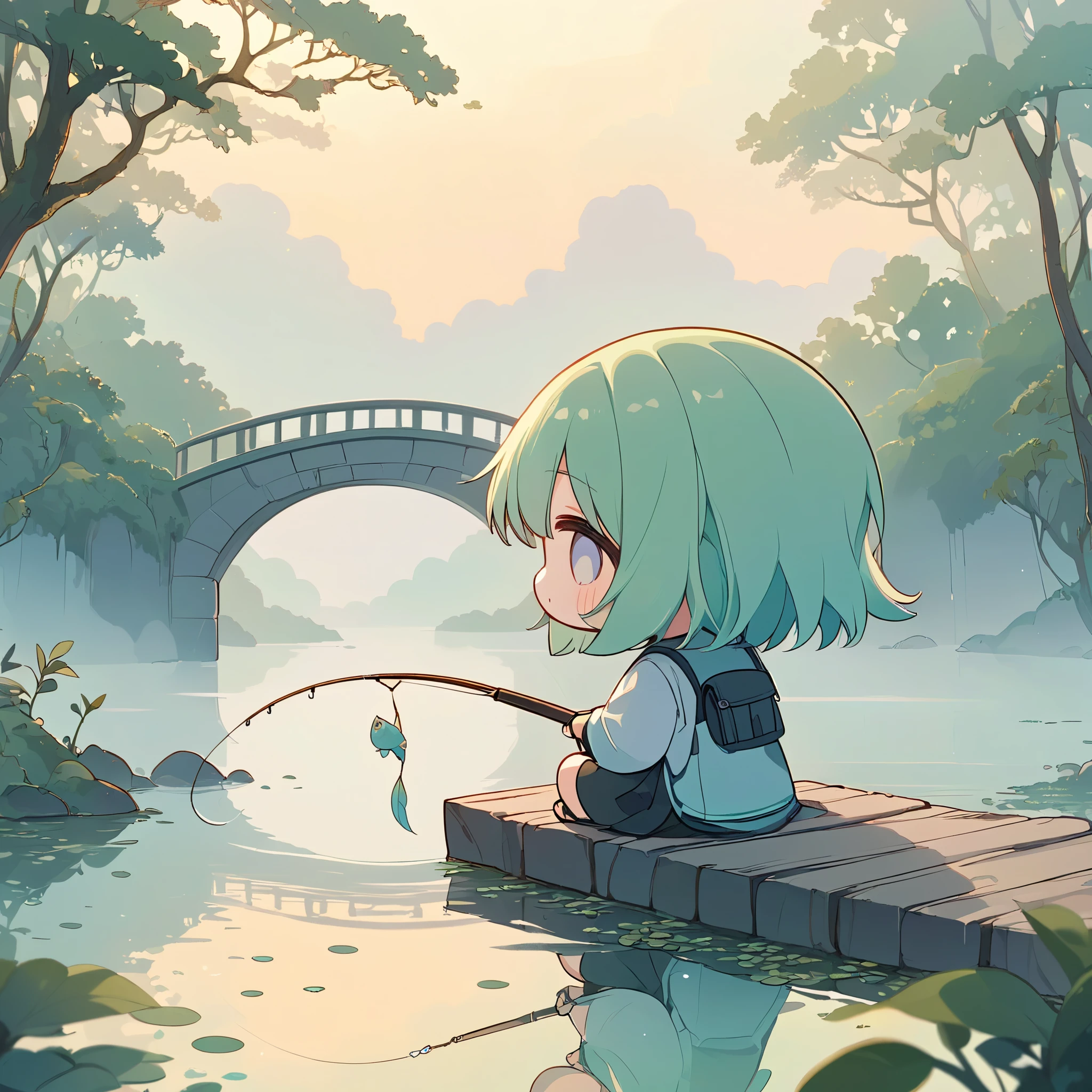 masterpiece, best quality, ultra-detailed, pastel tones, 
theme color green,chibi, masterpiece, best quality, 8k, highres, ultra-detailed, chibi, 1girl,girl close up, back view, fxmeme, long hair, pastel hair color, holding fishing rod, enjoying fishing,indian style sitting, ancient bridge, moss covered, overgrown vines, sitting on bridge, dense fog, soft light, tranquil atmosphere, muted colors, serene landscape, ethereal ambiance, weathered materials, diffuse lighting, mystical environment, lake, fish poking head out of water, playful, cute, foggy effect covering the scene