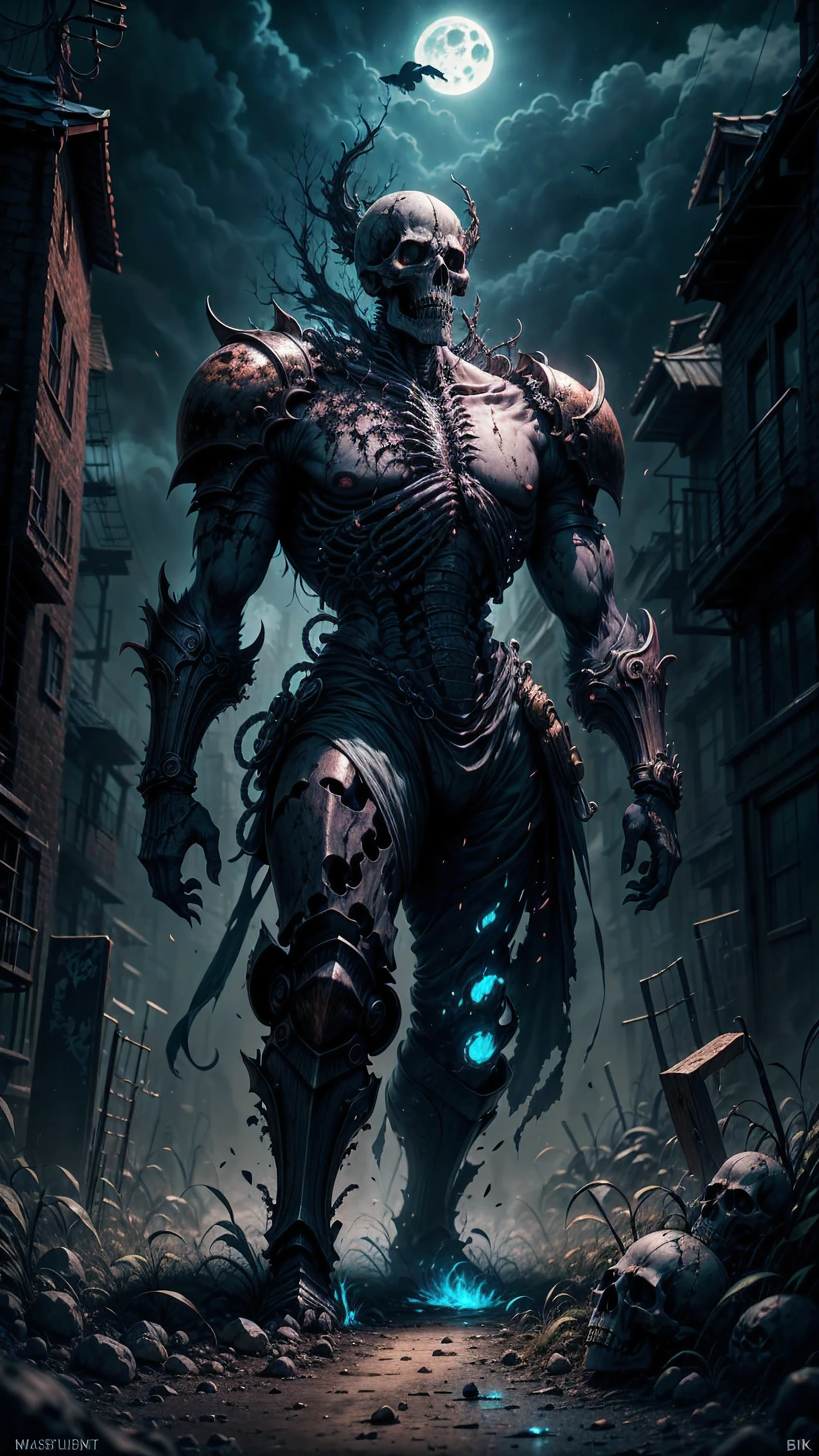 A skeleton knight rise from his grave, towering high up a rusted old long sword, detailed rusted old armor with some breaking parts, mythical glowing eyes, death aura, grave yard back ground, BREAK dark fantasy, horror, crows, distorted tree in the background, ashes and fog, night time, full moon, open skull, scary, looking extremely intimidated, rusted chain around his body, dirty, BREAK,Detailed,Realistic,4k highly detailed digital art,octane render, bioluminescent, BREAK 8K resolution concept art, realism,by Mappa studios,masterpiece,best quality,official art,illustration,ligne claire,(cool_color),perfect composition,absurdres, fantasy,focus