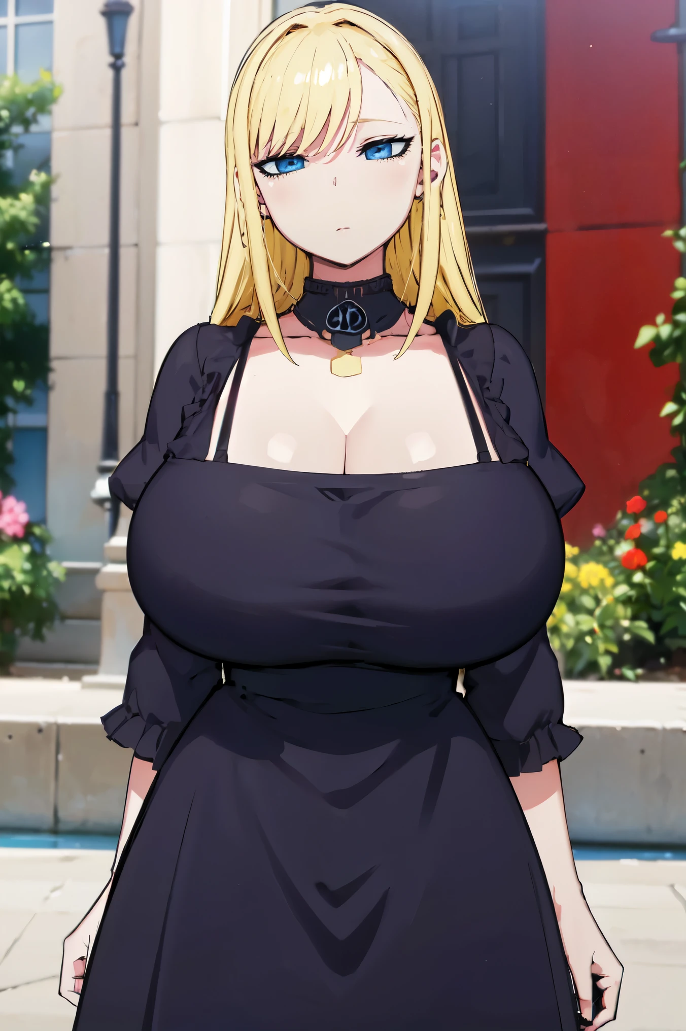 Blonde hair, very huge tits , (((black dress))),  thick, busty, blue eyes, ((upperbody)), emotionless, cleavage, flower garden