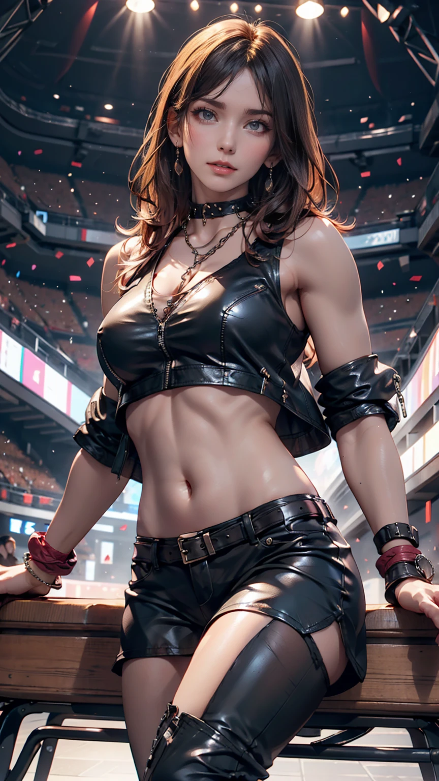 (masterpiece), (top-quality), (realistic:1.5), 1girl, long jet-black hair, thicc, looking at viewer, eye contact, stunningly beautiful 20 years old Denise Milani, detailed cyberpunk boxing ring in background, neon lights, industrial, ((black leather long-sleeved formal shirt)), ((black leather pleated boxing skirt)), curvy body, toned midriff, cleavage, large breasts, upper body, mid shot, masterpiece, detailed, mature, bright colors, high saturation, stunningly beautiful girl, kbright emerald-green eyes, dark black hair, tanned, synthwave, enanched_beauty, precise hands, confident look、determined, bravery, Clear eyes, Shining eyes,, ultra-definition, Top resolution, soft lightning