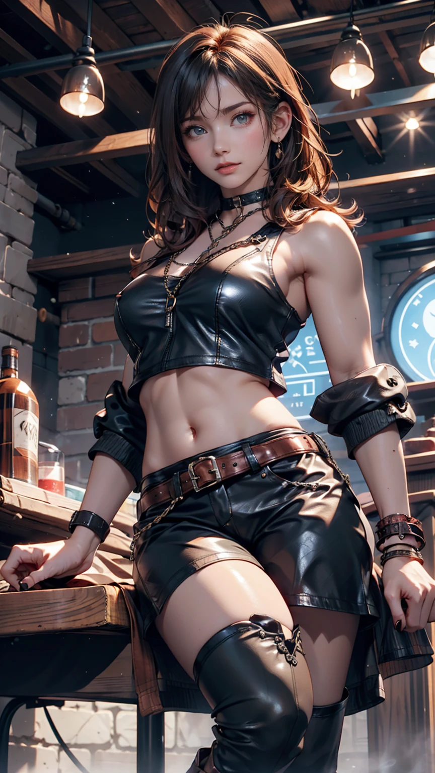 Woman wearing a leather duster and bikini top, mini skirt, Fishnet tights, boots