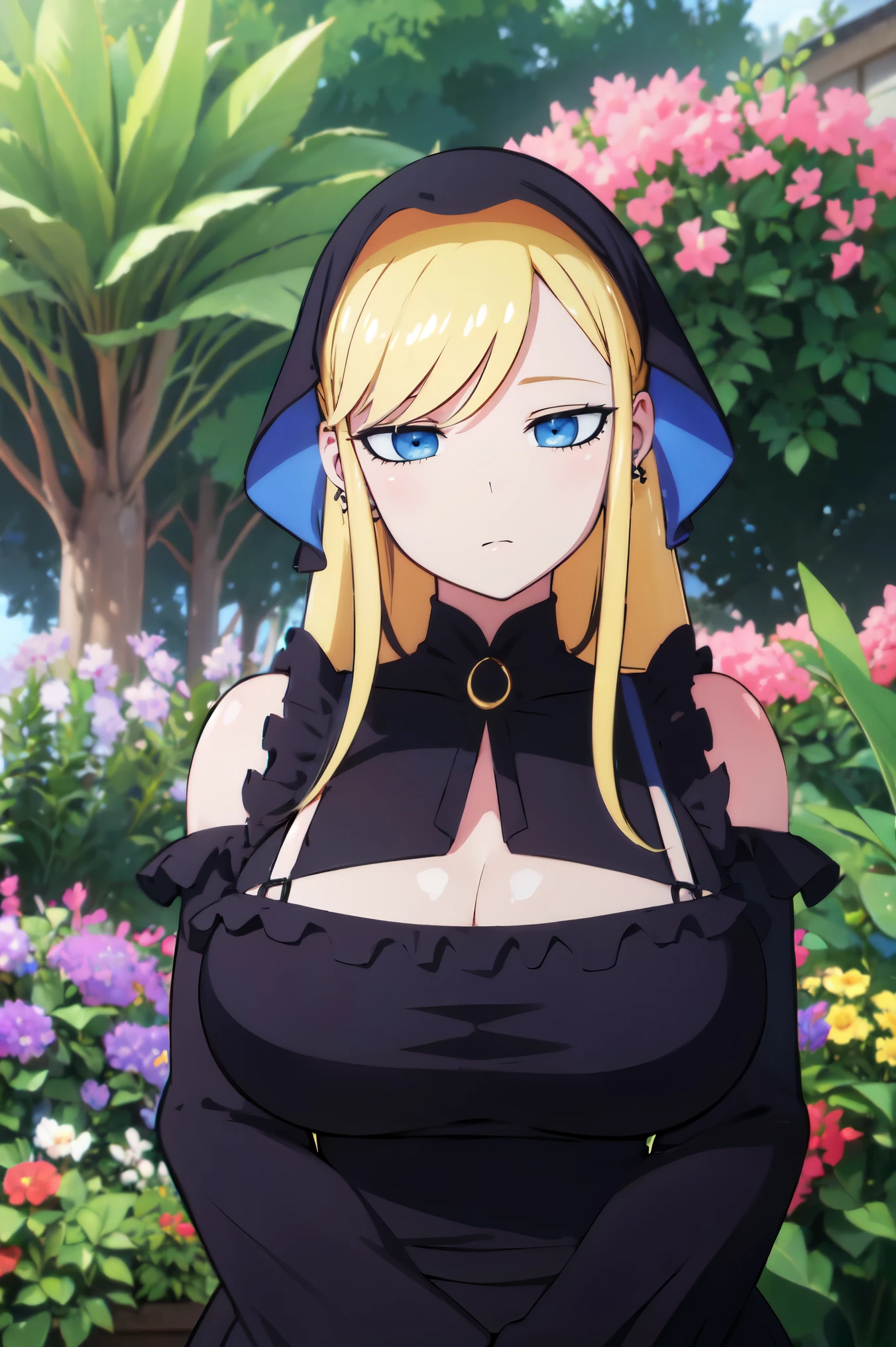 Blonde hair, very huge tits , (((black dress))),  thick, busty, blue eyes, ((upperbody)), emotionless, cleavage, flower garden