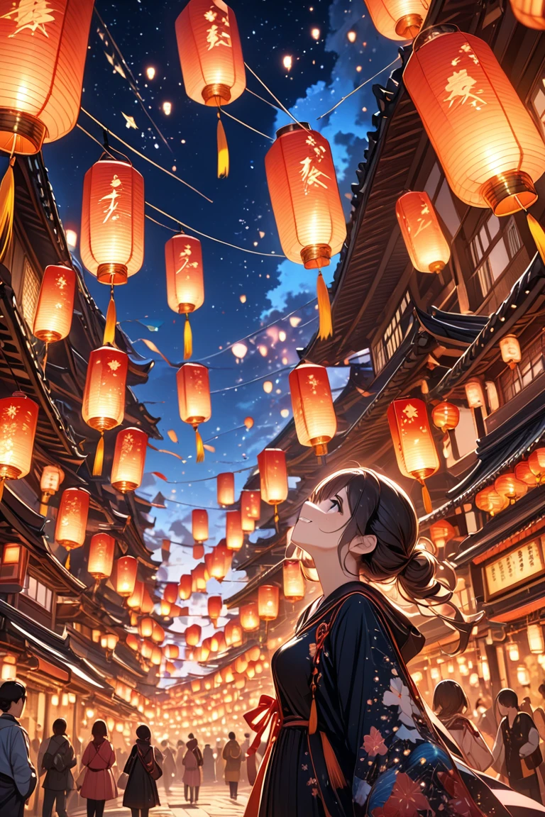 1girl,beautiful detailed black eyes, beautiful detailed face,playing kites, kites, bright smile, looking up, from side, nigh time, many flying lantern on the sky, floating lanterns,sky with various connected star astrological sign, Sagittarius star ,glowing lantern, lantern festival, amazing quality, masterpiece, high detailed, 4K UHD,