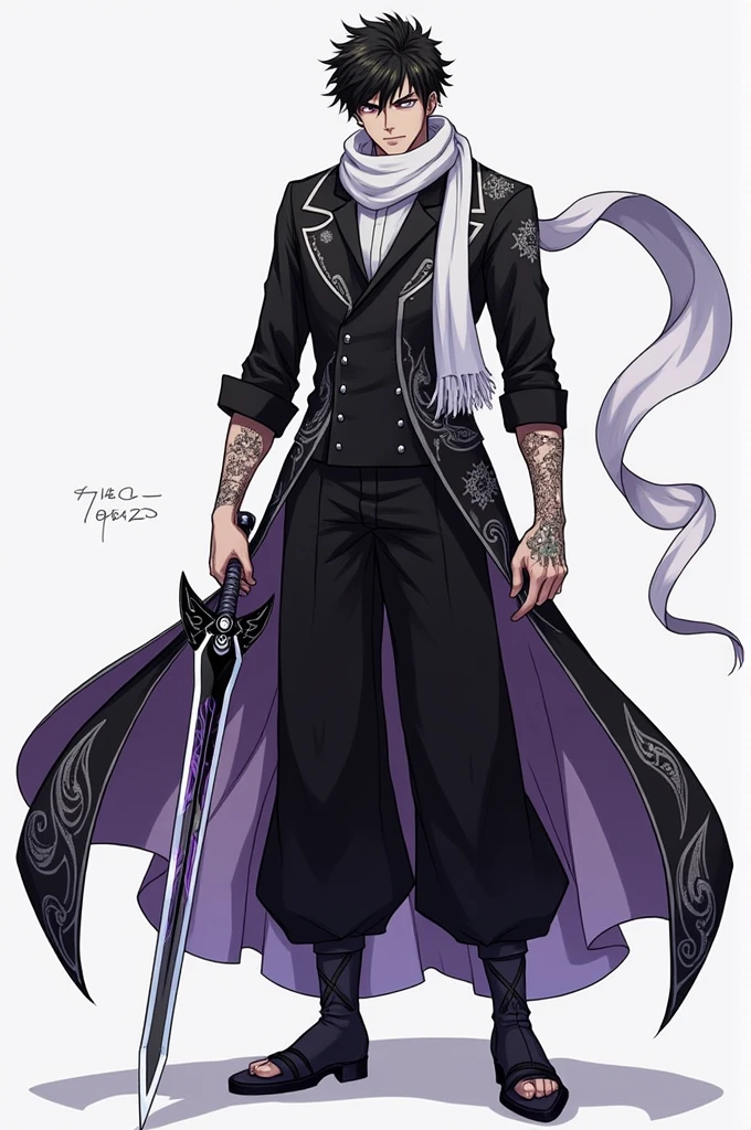 Kentaro Miura Style, RivenSBXL, blue eyes, white hair, short hair, hair over one eye, sidelocks, single horn, hair ornament, pointy ears, medium breasts, black choker, collar bone, single bare shoulder, cleavage, white kimono, purple sash, multicolored sash, purple elbow gloves, fingerless gloves, purple pants, asymmetrical clothes, greaves, purple sandals