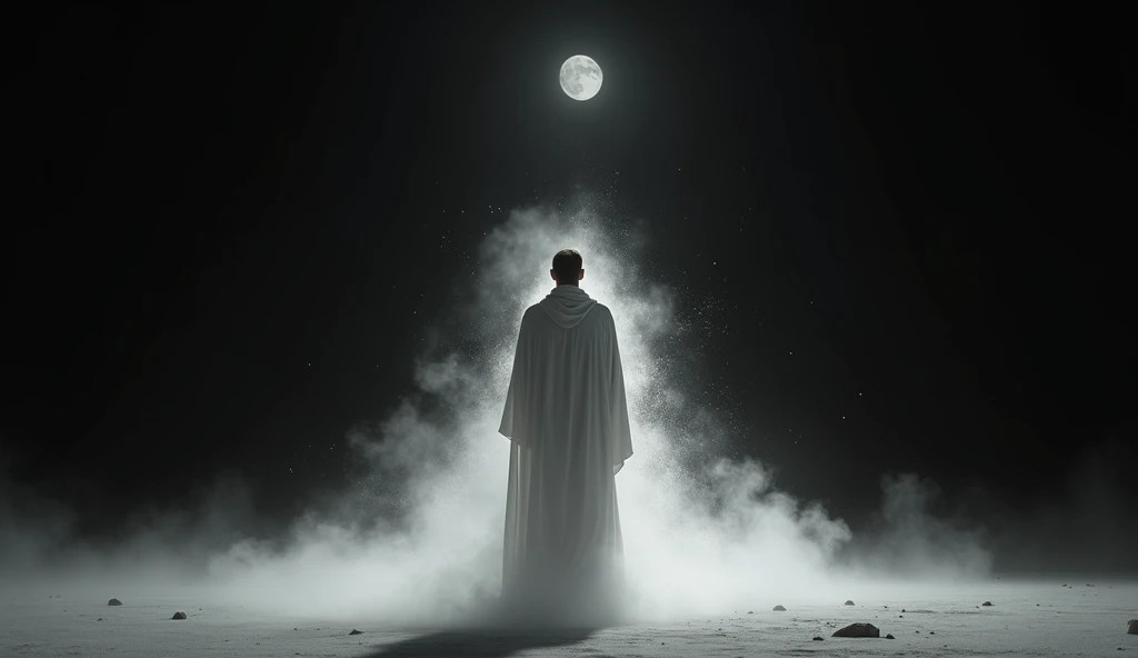 Man dressed in white disintegrating.
Background: all black, moon barely visible. Monochromatic image.
