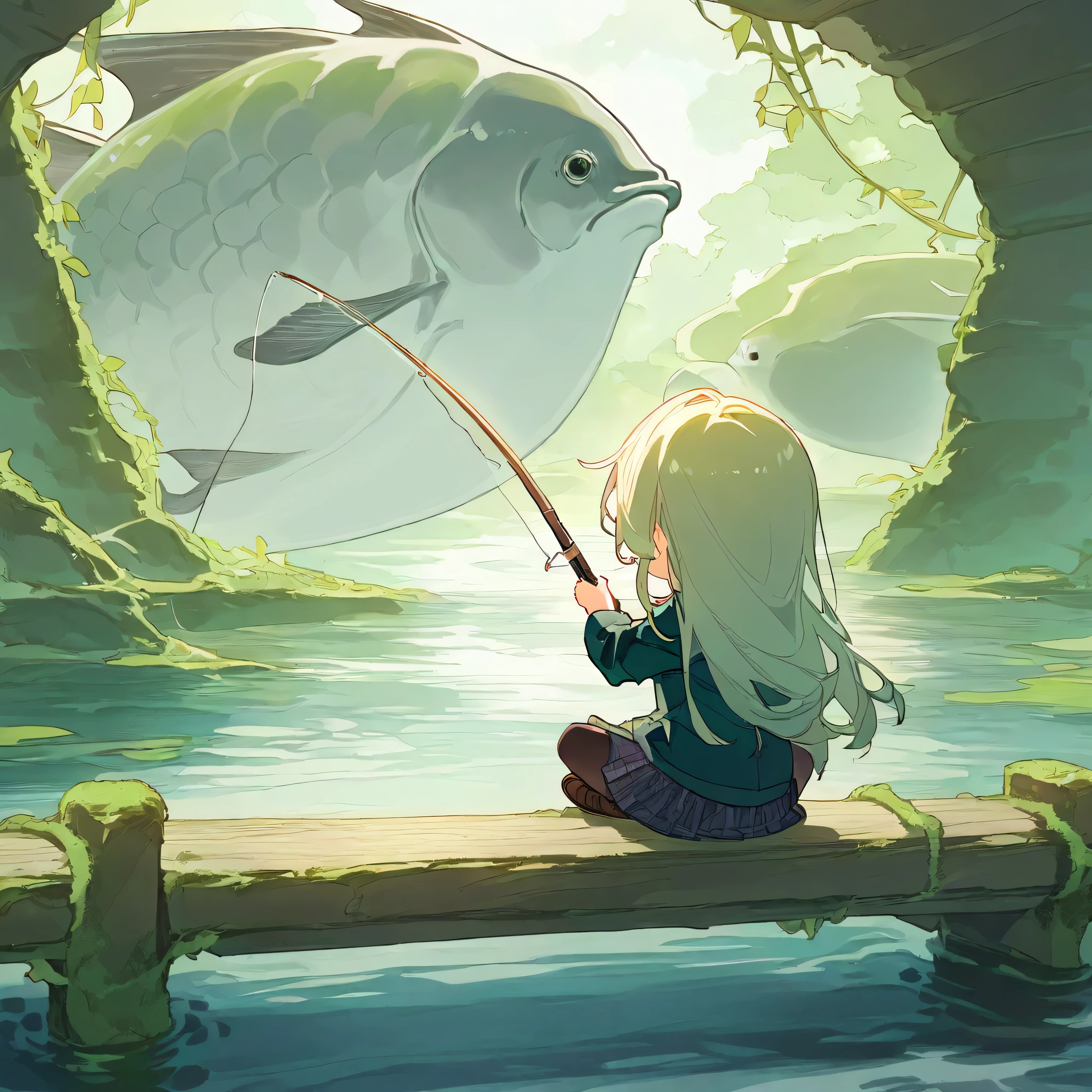 masterpiece, best quality, ultra-detailed, pastel tones, 
theme color green,chibi, masterpiece, best quality, 8k, highres, ultra-detailed, chibi, 1girl,girl close up, back view, long hair, pastel hair color, holding fishing rod, enjoying fishing,indian style sitting, ancient bridge, moss covered, overgrown vines, sitting on bridge, dense fog, soft light, tranquil atmosphere, muted colors, serene landscape, ethereal ambiance, weathered materials, diffuse lighting, mystical environment, lake, fish poking head out of water, playful, cute, foggy effect covering the scene