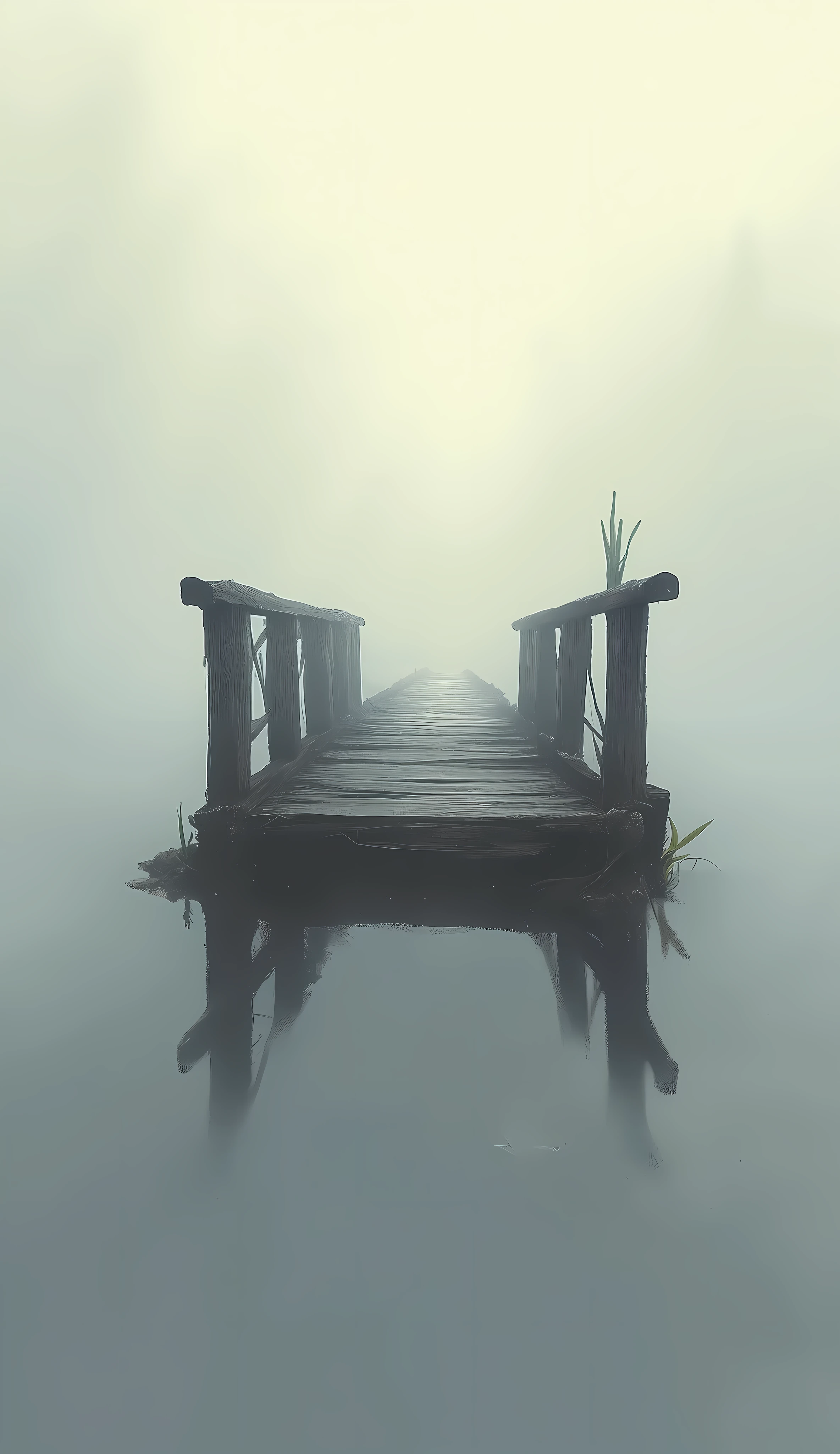 old wooden bridge , Subtraction algorithm , Traces that were there ,  emerge in the fog,  silhouette,  BREAK denies visualization of the bridge ,  emphasizes the presence of the bridge , 深い emerge in the fog橋,  multicolor ink painting ,  delicate and exquisite minimalism 