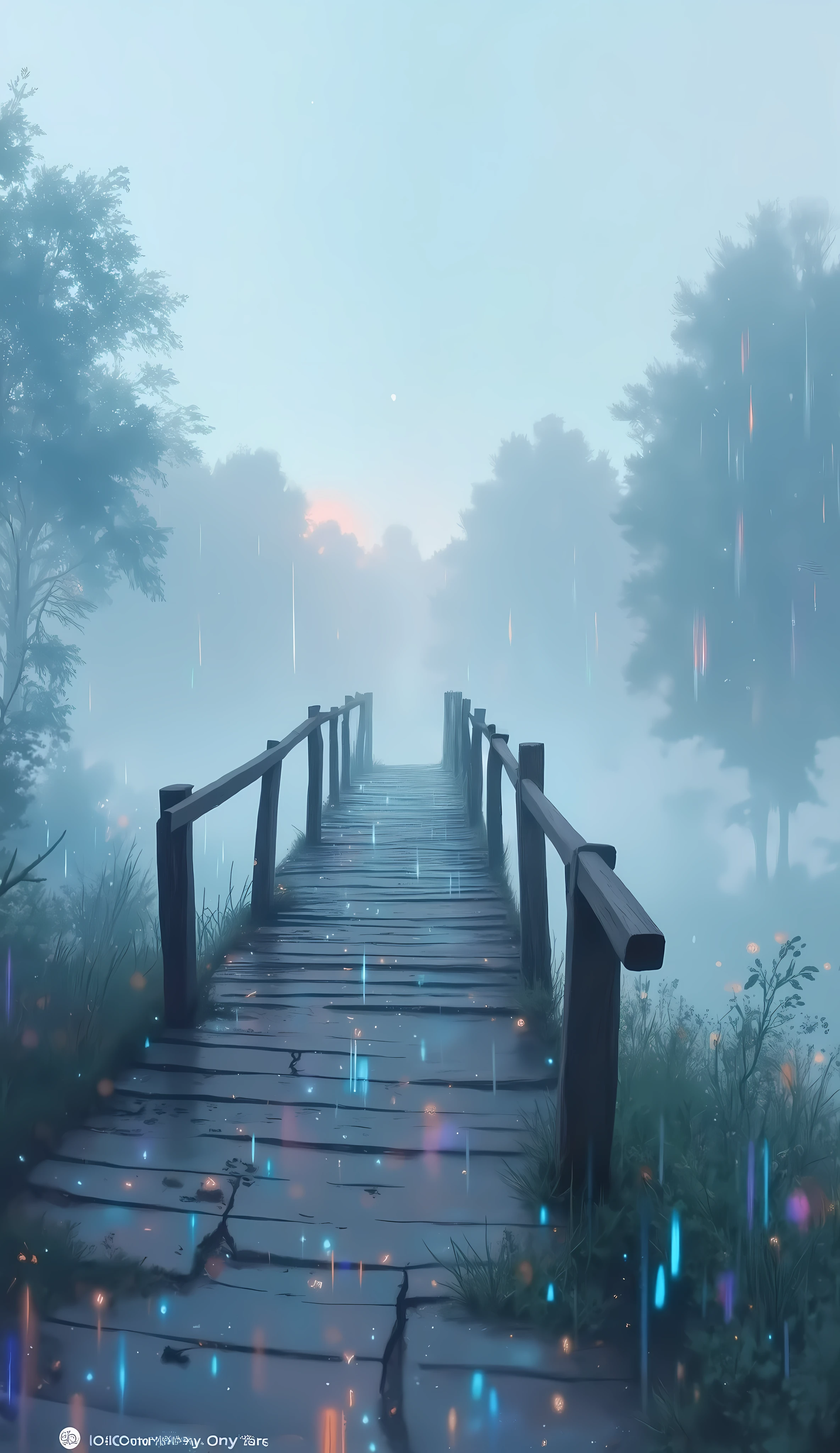 A misty, ethereal landscape with an old wooden bridge emerging from the fog, the silhouette of the bridge's structure standing out against the obscured background. The bridge's presence is emphasized, with traces of its weathered form visible through the dense, multicolored mist. A minimalist, delicate watercolor aesthetic, with a dynamic, non-objective composition that challenges the conventional representation of the bridge. Holographic rain falls gently, creating a phantasmal, iridescent fog that shrouds the scene in an otherworldly atmosphere.