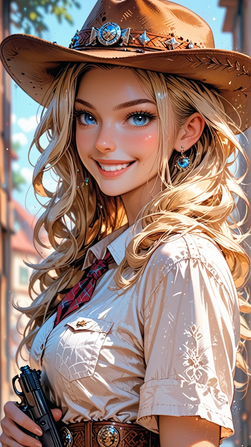 score_9, score_8_up, score_7_up, score_6_up, middle shot of a cowgirl holding a pistol, blonde hair, blue eyes, cowboy hat, smile