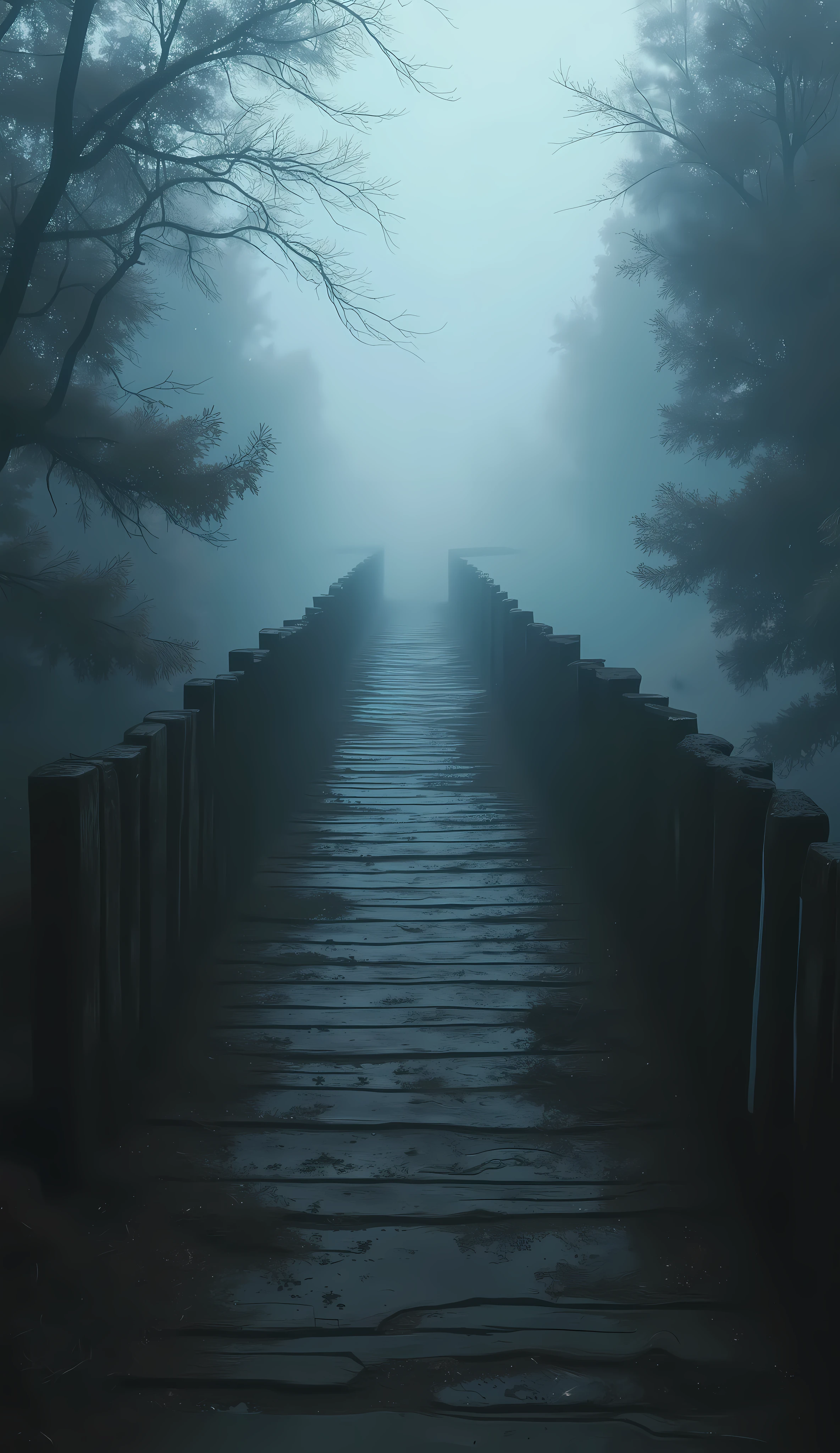 old wooden bridge , Subtraction algorithm , Traces that were there ,  ,  silhouette,  BREAK denies visualization of the bridge ,  emphasizes the presence of the bridge , 深い 橋, Aesthetics of no object ,  multicolor ink painting ,  delicate and exquisite minimalism ,  emerging in the fog {x} darkness that only emphasizes the existence of a bridge, ABM, ROUGH, 