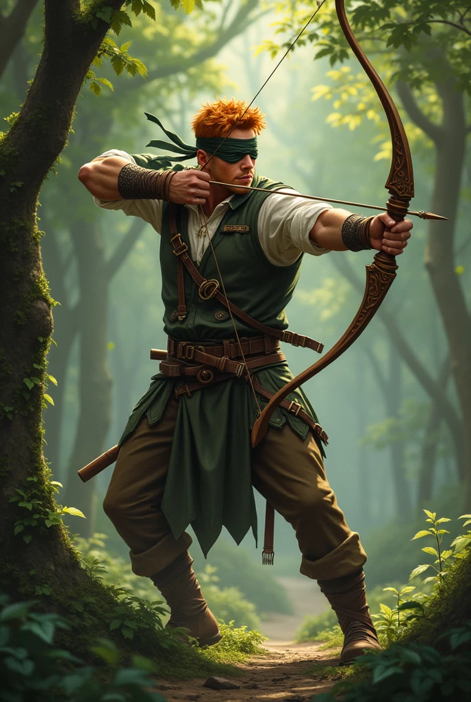 Robin hood style male archer with blindfold with ginger hair