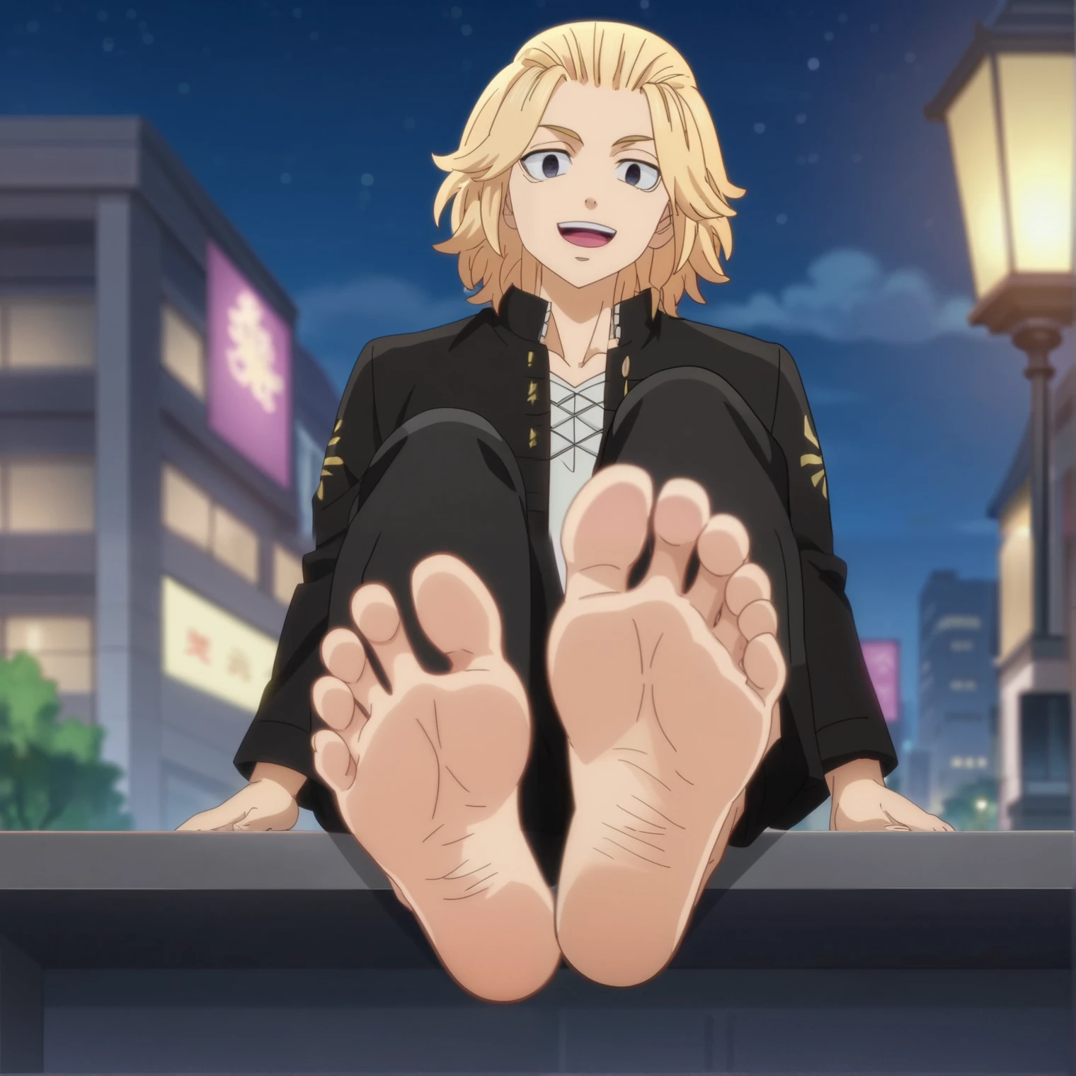 score_9, score_8_up, source_anime,
1boy, Manjirou Sano, blonde hair, happy face,, black pants, black jacket, sitting, alone, looking at viewer, cowboy shot, ANIME SCREENCAP, anime coloring, in the city at night, barefoot, perfect feet, anatomically correct, soles, low angle, focal length 35mm, each foot has five toes, front, symmetrical soles, foot focus