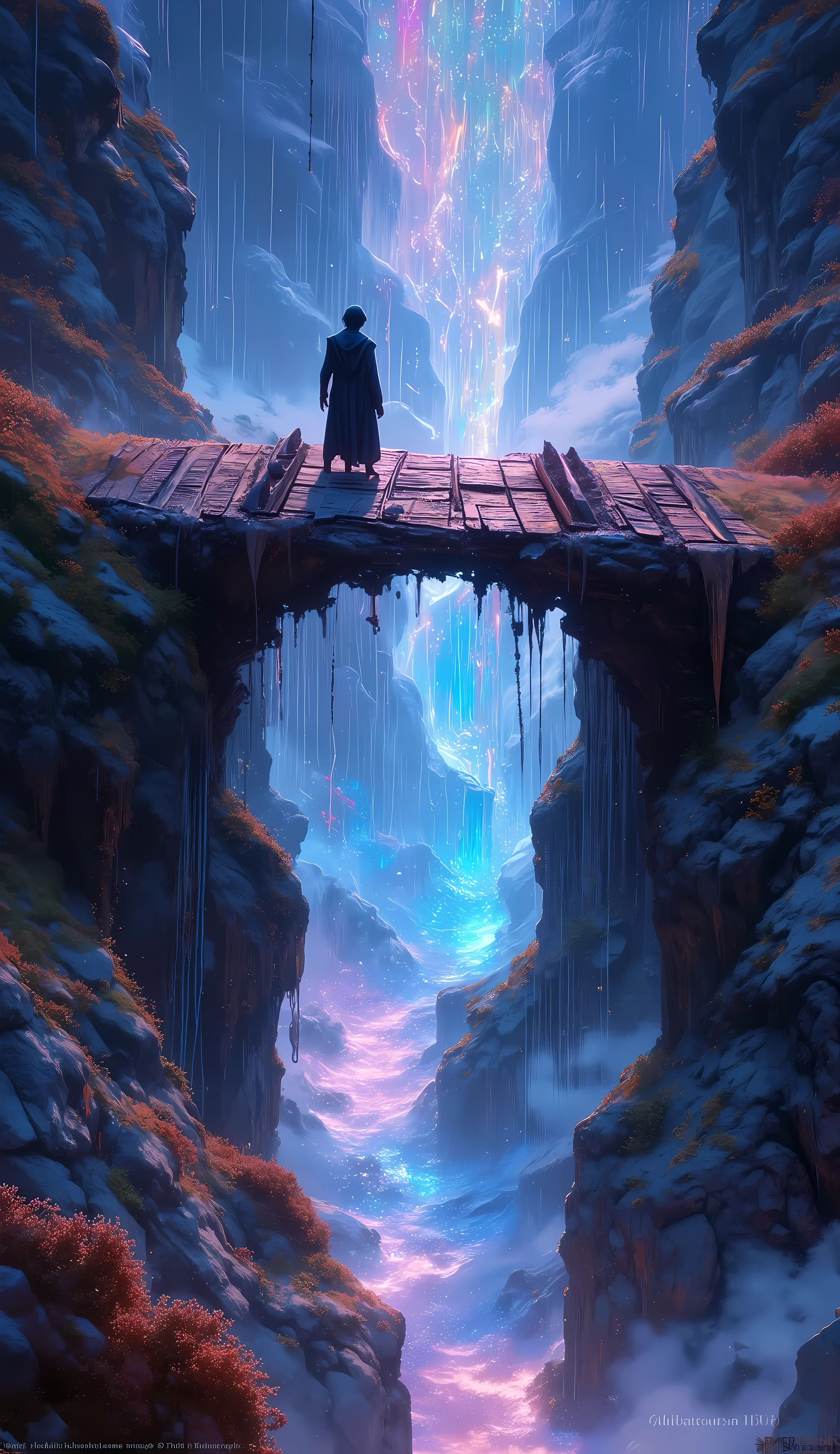 a very old wooden bridge surround by the phantasmal iridescent fogs, minimalist watercolor painting, intricate and exquisite minimalism, dynamic angle, holographic rain, phantasmal iridescent fogs, silhouette, traces of the bridge, emphasis on the presence of the bridge, multi-color ink wash painting, abstract aesthetics, (best quality,4k,8k,highres,masterpiece:1.2),ultra-detailed,(realistic,photorealistic,photo-realistic:1.37)