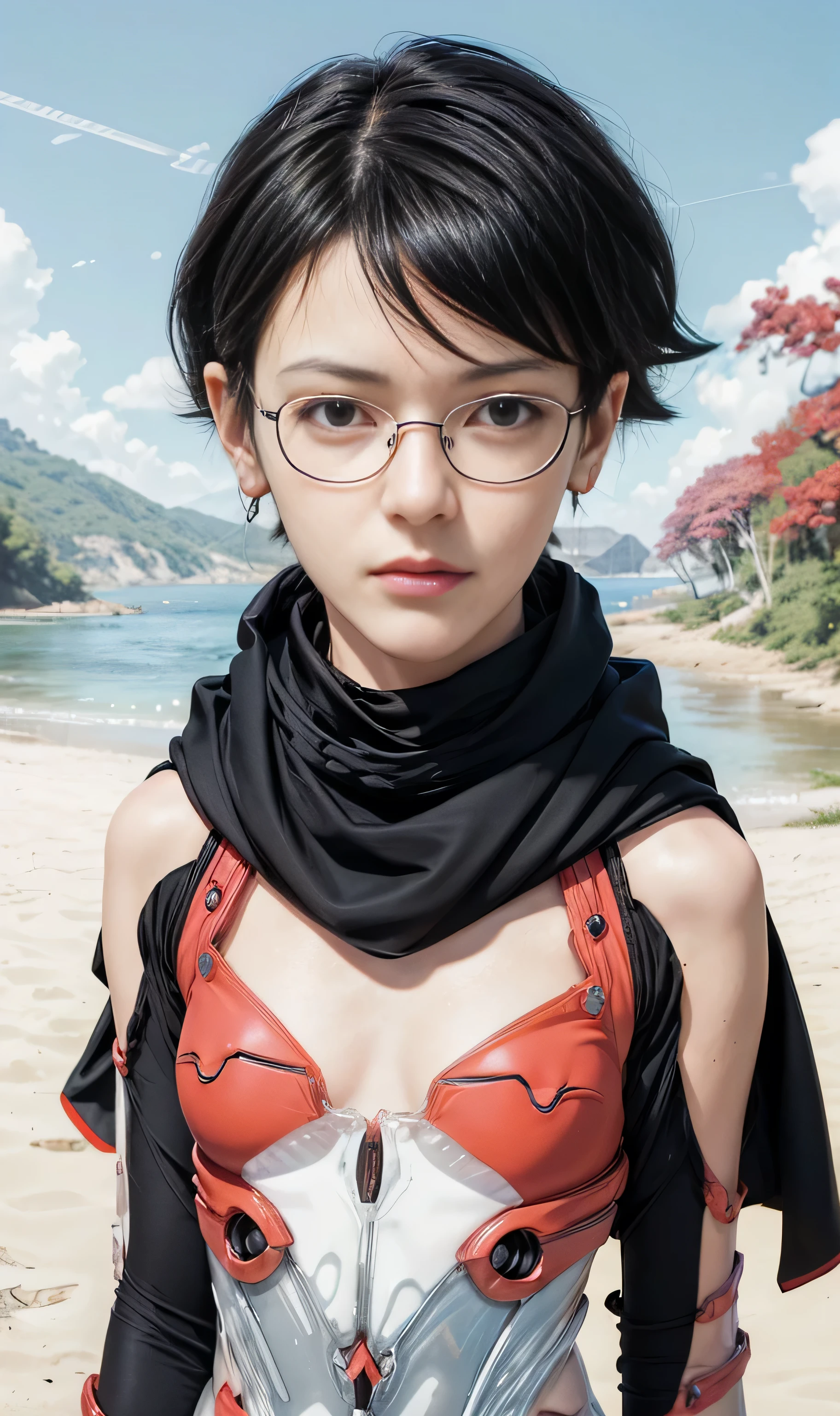 masterpiece, best quality, (realistic,photo-realistic:1.4), (RAW photo:1.2), extremely detailed CG unity 8k wallpaper, delicate and beautiful, amazing,finely detail, official art, absurdres, incredibly absurdres, huge filesize, ultra-detailed,extremely detailed eyes and face,light on face,sarada,(little smile:1.2),(black hair:1.4),(very short hair:1.4),nature,sarada uchiha ,(wearing black framed glasses:1.5),(wearing evangelion plugsuit:1.5),lake,(black scarf:1.4),(black eyes:1.6)