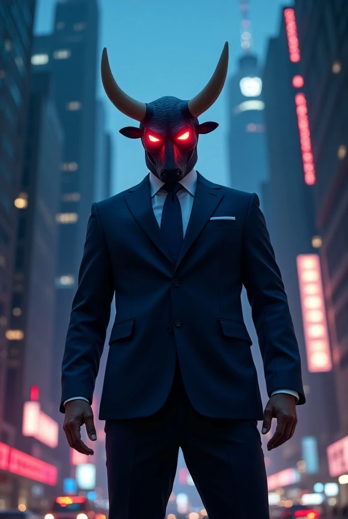 A man in a suit whose head is a bull skull with an open jaw, Inside the skull there is a shadow with red eyes, with a devastated and fire-filled night city.