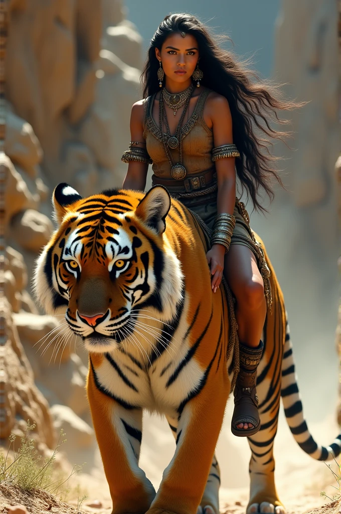"A powerful, cinematic scene of a woman riding a full-sized, muscular tiger through a rugged, natural landscape. The woman has long, dark hair flowing behind her, exuding a sense of strength and elegance. She wears traditional, detailed jewelry including large earrings, arm bands, and an elaborate necklace. Her attire is in earthy, warrior-like tones. She sits confidently atop the tiger, holding on with a deep sense of connection and command. The tiger's full body is visible, showcasing its strong limbs, vivid orange, black, and white-striped coat, and a few decorative accessories, such as a rope or chain around its body. The background reveals a wild, arid terrain with rocky cliffs and sparse vegetation, enhancing the adventurous, mystical atmosphere. Both the woman and the tiger exude bravery, power, and harmony with nature."