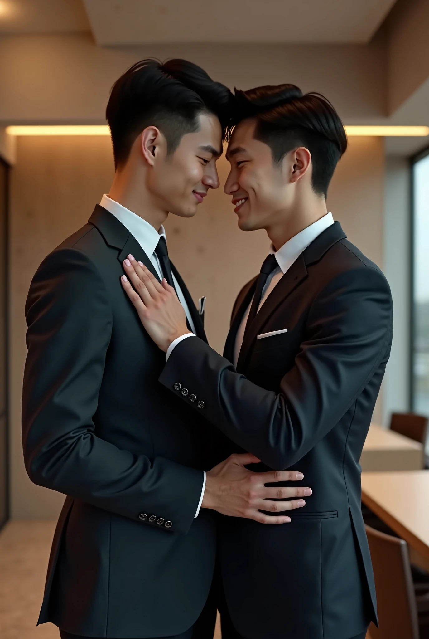 two men, two males, hyper realistic image of extremely handsome 30 year old filipino man, mature features, wearing a fancy suit, kissing a handsome 30 year old muscular filipino man wearing a fitted black suit, in an enclosed elevator, sex from behind, standing sex, perfect face, front view, full body, fill frame, zoomed out, highly detailed, intricate details, sharp focus