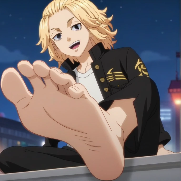 score_9, score_8_up, source_anime,
1boy, Manjirou Sano, blonde hair, happy face,, black pants, black jacket, sitting, alone, looking at viewer, cowboy shot, ANIME SCREENCAP, anime coloring, in the city at night, barefoot, perfect feet, anatomically correct, soles, low angle, focal length 35mm, each foot has five toes, front, symmetrical soles, foot focus