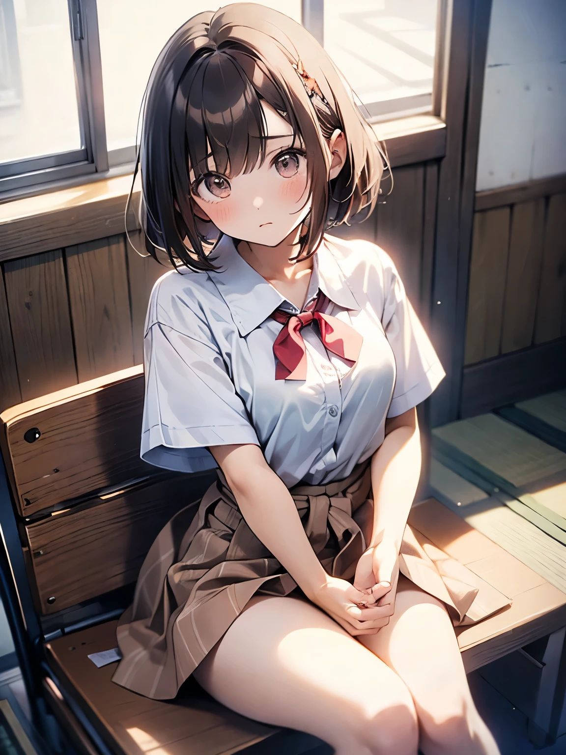 (extremely high quality artwork), (extremely detailed CG 8k), (masterpiece) ,(extremely cute girl), short, (innocent face), ((innocent smile)), shiny hair, (slim body), small breasts, ((beautiful detailed eyes)), brown eyes, (clear eyes), (eyes with brightness), correct finger shape, correct number of fingers, look at viewer, (school uniform), (short skirt), (sagging skirt), midriff peek, navel-baring, (thighs), beautiful skin, pale skin, shiny skin, (bright color), vibrant colors, uninhabited forest, natural light, (glare),