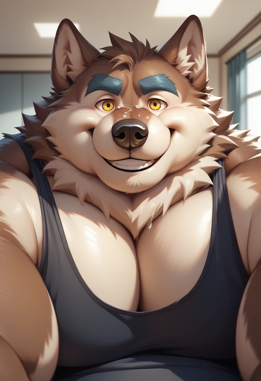 POV,top angle,sleep on stomach,lats,trapezius,butt lift,kemono, anthro (wolf), male, (wolf), muscular:1.3,back,brown back,brown body,white belly,sweat,((correct anatomy)), bed,pillows,black panties, underwear bulge,pain expression,canine tooth,hd, dark shadows, wide dynamic range, hdr, low light:1.2, front view, by null-ghost,by lindong, full body