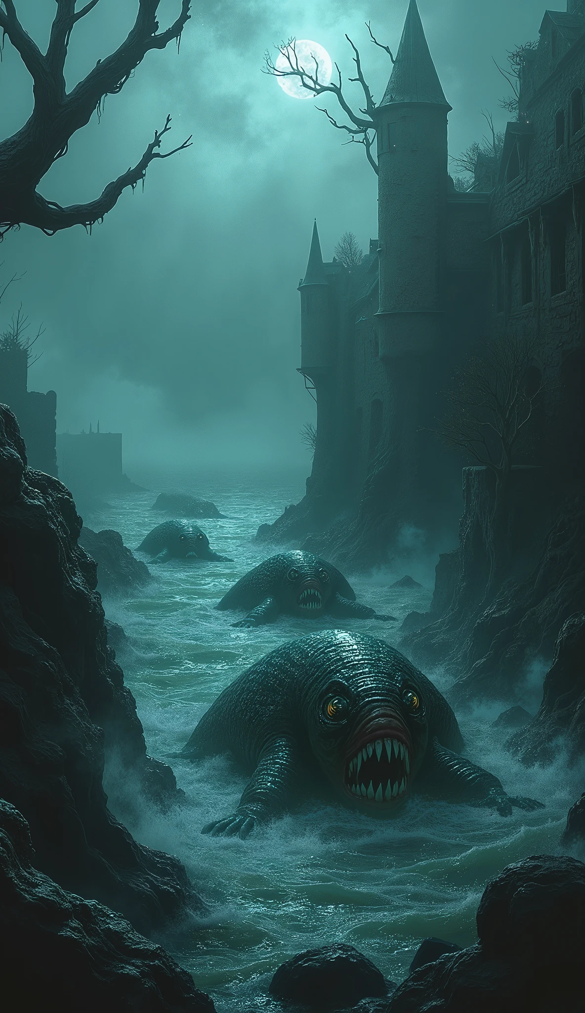 A pile of garbage bags in a river in the style of cthulhut3ch <lora:cthulhuTECHstyleV2:1>