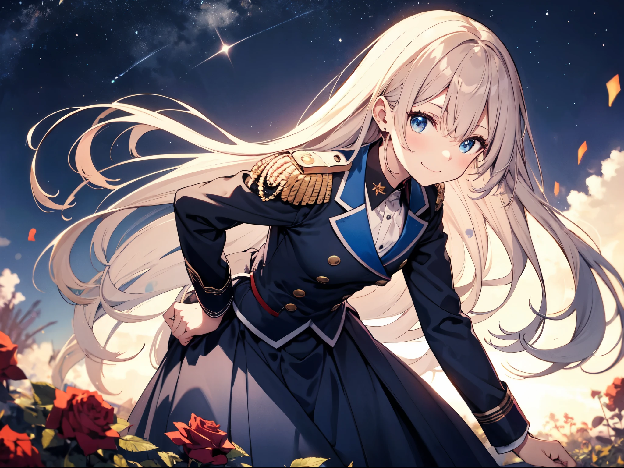 One person、solo、Human Girl、Human Ear、(Blue military uniform)、(blue ruffle long skirt)、smile、 slouching forward、 slouching forward、Kneel、Focus on the chest、Rose Garden、 starry sky 、High image quality、Masterpiece、correct、解剖学的にcorrect、number々award、 best quality