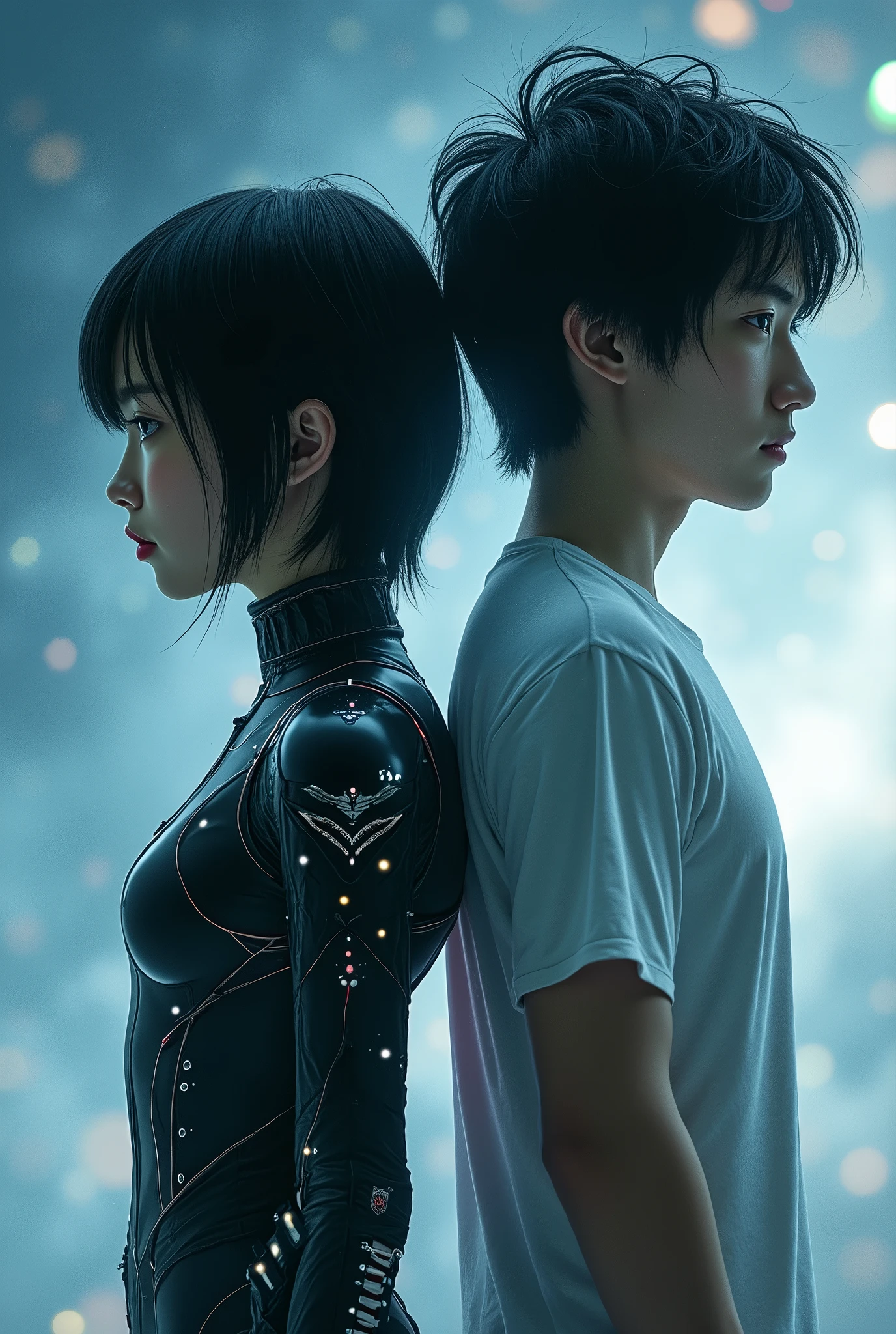 I want to mix 2 images 、 beautiful Japanese high school girl facing left android、 black hair、 shorthair 、Patsun、 cyberpunk design suit 、 beautiful skinny muscular boy facing right 、Messy Hair、 back to back 、Looking down、outer space background、Double Exposure
