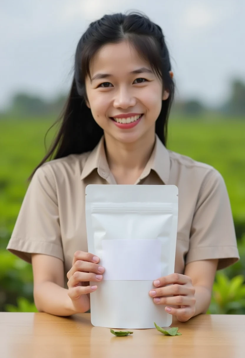 "Create a photorealistic mockup of a Thai woman holding a smaller matte white ziplock stand-up tea pouch. The pouch should be about the size of her hand, appearing compact and portable. The woman has a gentle smile and wears a casual outfit that matches the brand's natural and organic aesthetic, such as a light-colored blouse. The tea pouch is plain, with no text or label, and appears eco-friendly. The background is a serene tea plantation with soft, natural lighting, giving a fresh and calming atmosphere. Add subtle details like a wooden table edge or scattered tea leaves in the foreground to enhance the branding's natural vibe. Ensure the focus is balanced between the model and the smaller pouch, with realistic hand positioning and light reflections on the pouch."