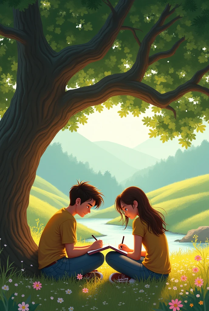 Two friends sitting under a tree, with a notebook, writing down ideas, surrounded by the beauty of nature