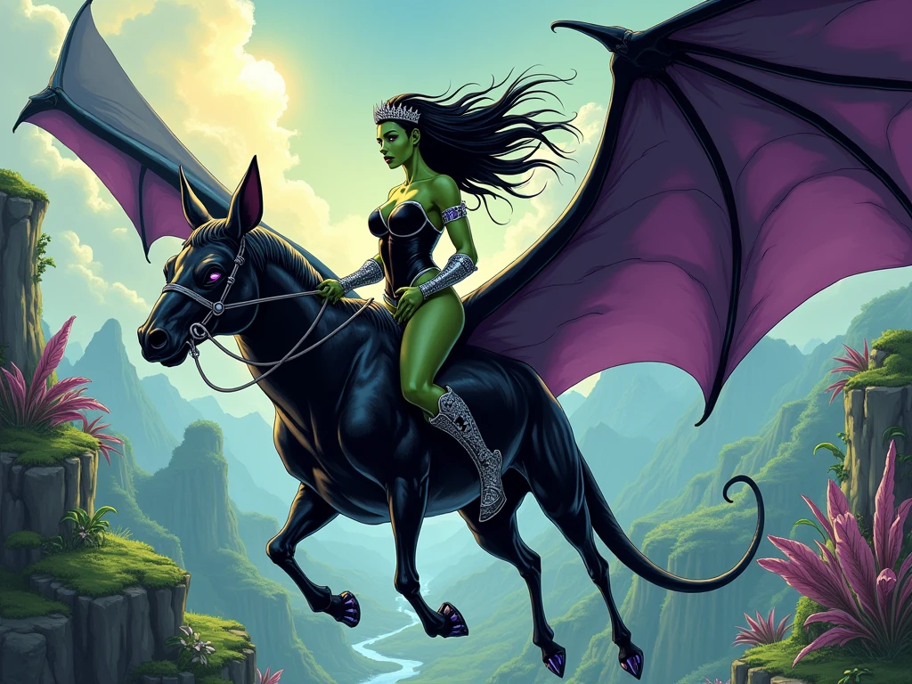 In a dramatic comic book style with rich details and realistic lighting, depict a striking female warrior riding a massive bat through a vivid and exotic sky. The warrior has green skin that glows faintly under the sunlight breaking through clouds, and her shiny black hair flows wildly in the wind. Her piercing lavender eyes, framed by long, dark eyelashes, are sharp and commanding, while her black lipstick enhances her intense, otherworldly beauty. She is adorned in a sleek black leotard with silver trim, a silver tiara resting regally on her brow, and silver bracers embedded with glinting gemstones that catch the light.
The bat she rides is colossal, its wings stretching far and wide, dominating the scene and creating a powerful silhouette against the wild and colorful sky. The warrior sits confidently astride the saddle, holding the reins tightly in her hands, her legs comfortably resting on either side of the bat's broad back, emphasizing its immense size.
The scene is captured from a profile view, showcasing both the warrior and the bat in full detail, while also revealing the sprawling landscape below. The land is a chaotic tapestry of jagged cliffs, lush, oversized foliage, cascading waterfalls, and shimmering rivers, all bathed in vibrant, surreal hues. Strange, towering plants with twisting trunks and glowing flowers rise from the ground, and distant mountain peaks loom in the background, shrouded in mist. The exotic and untamed beauty of the landscape contrasts with the commanding presence of the warrior and her bat, creating a sense of wild adventure and peril. The lighting is dramatic, with bold highlights and shadows accentuating every muscle, texture, and curve