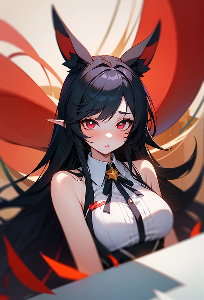 two-tone hair, black hair, red hair, red eyes, very long hair, fluffy hair, disheveled hair, x hair ornament, space
BREAK upper body, naked, shy, blushing big breasts catgirl
