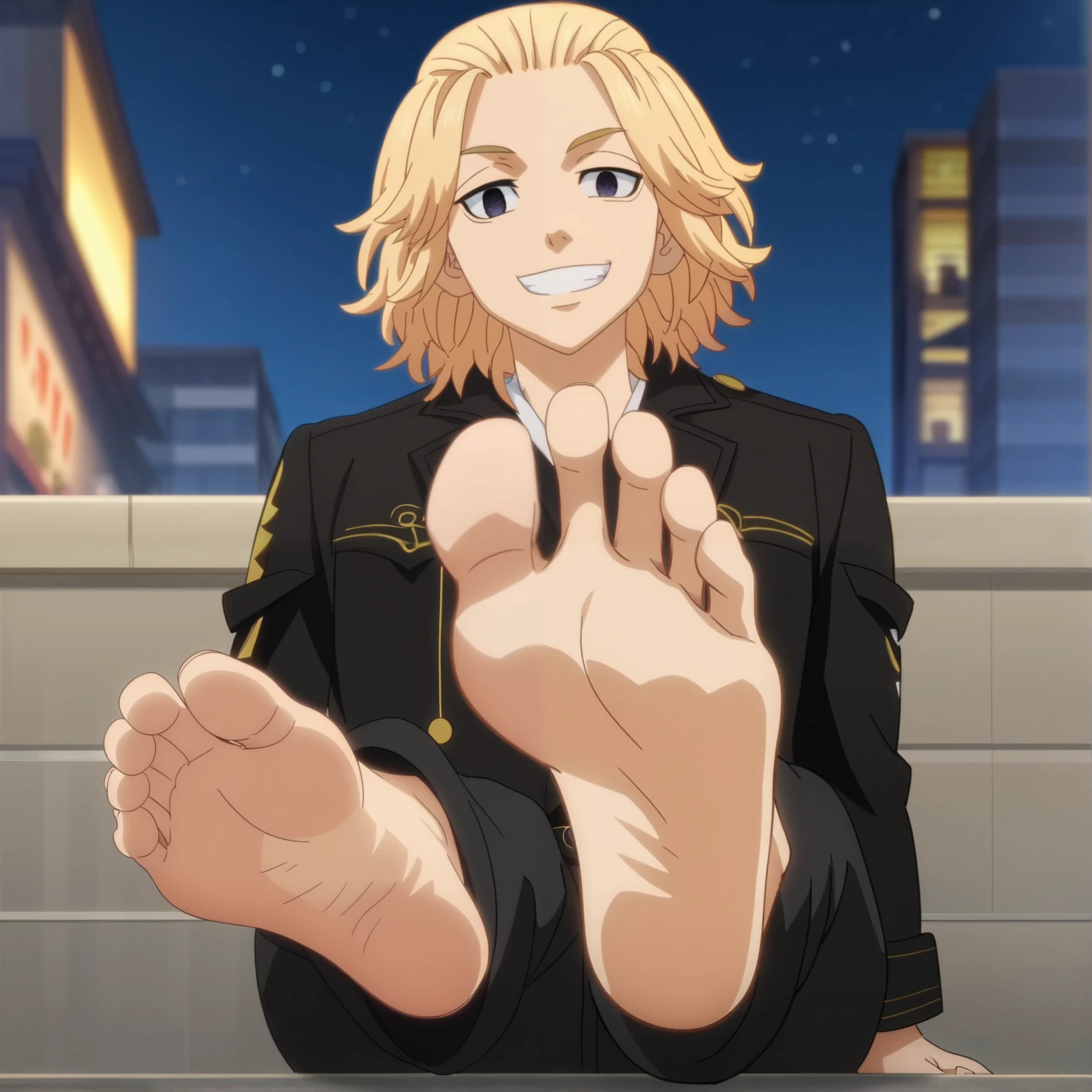 score_9, score_8_up, source_anime,
1boy, Manjirou Sano, blonde hair, happy face,, black pants, black jacket, sitting, alone, looking at viewer, cowboy shot, ANIME SCREENCAP, anime coloring, in the city at night, barefoot, perfect feet, anatomically correct, soles, low angle, focal length 35mm, each foot has five toes, front, symmetrical soles, foot focus