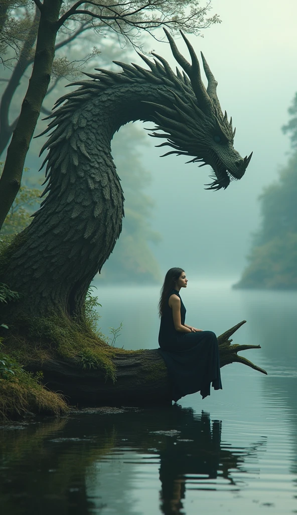 beautiful asian woman, blue haired, white nightie, mist, full body shot, sitting near lake, a big monster behind her rises from lake, dark atmosphere, night, dark fantasy <lora:Desolation:0.8>