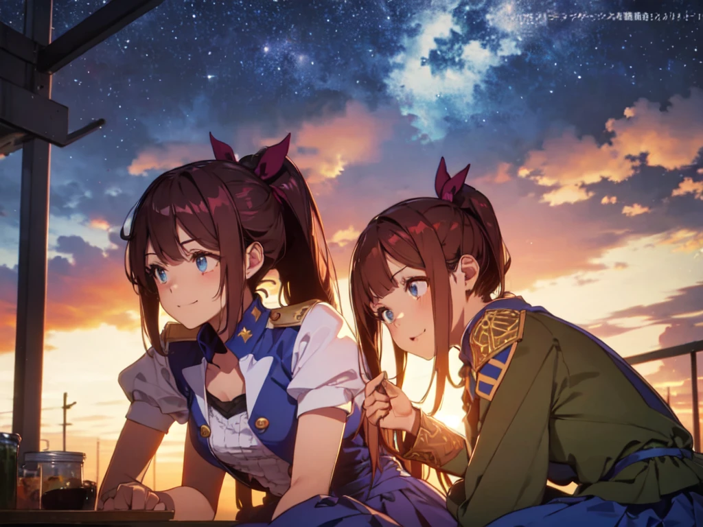 One person、solo、Human Girl、Human Ear、(Blue military uniform)、(blue ruffle long skirt)、( ponytail)、smile、 slouching forward、 slouching forward、Kneel、Focus on the chest、Rose Garden、 starry sky 、High image quality、Masterpiece、correct、解剖学的にcorrect、number々award、 best quality