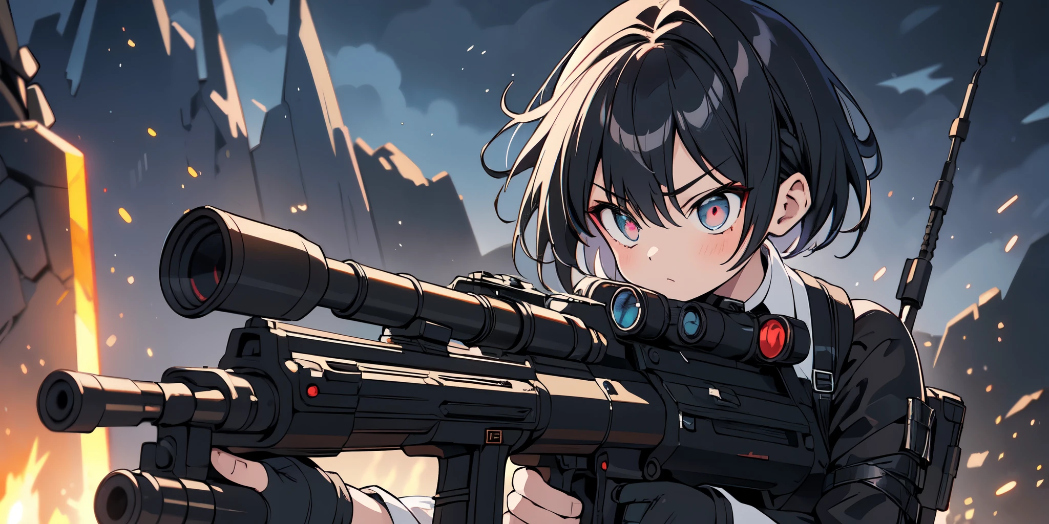 (Anime style),high quality, 1girl, maid, Tactical maid, tactical outfit, stiff tactical vest, tactical gloves, tactical command, tactical accessories, explosions in the background, gun standoff scene, in the middle of crossfire, bullets passing at her side, center focus, short hair, hair movement, target-focused attitude, coldness expression, detailed eyes, post-apocalyptic, dark, sinister, disturbing, threatening, gloomy, stormy, bright, vibrant, dynamic, energetic, vivid, saturated, exciting, explosion reflex in her eyes, pointing her assault rifle, dark sky from the embers of battle, attention to detail, military, tactical maid, black leather fingerless gloves, girl, maid dress, maid outfit, tactical equipment, tactical leg straps, tactical, looking at viewer, tactical chest protector, tactical straps, tactical harness, tactical light vest, two-tone hair, tactical protections, tactical bib, cloudy, diffuse and dreamlike ethereal lighting, dramatic lighting, dramatic shadows, medium shot, waist and torso plane, tilt shift photography, motion blur, fast motion capture,