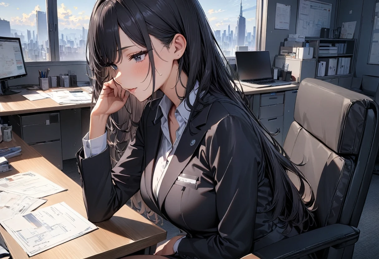 (masterpiece, best quality, ultra detailed, high resolution, detailed facial description), (1 woman:1.3), office suit, pencil skirt, long hair, black hair, sitting on the office chair, office room