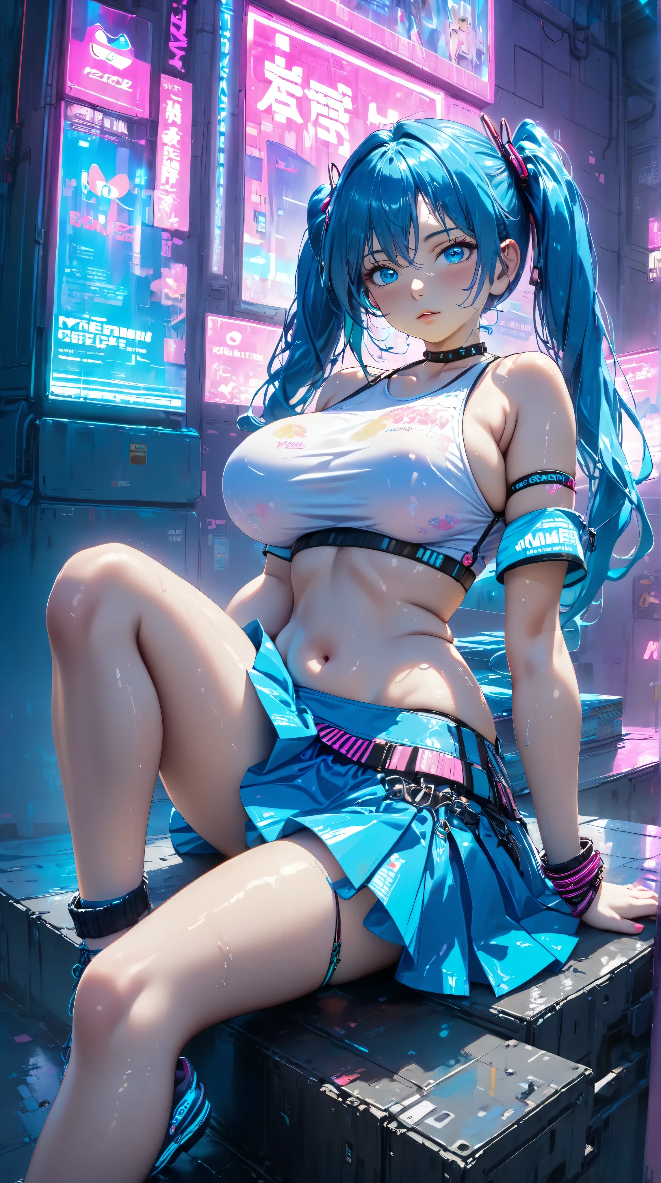 ((Hatsune Miku)), (heavy blushing), blue hair, blue eyes, seductive expression, big breasts, underboob, (cyberpunk), (punk), neon skirt, athletic, choker, wristband, sexy, submissive, looking at viewer, upskirt, pink panties, sitting, (legs spread), arms behind back, realistic
