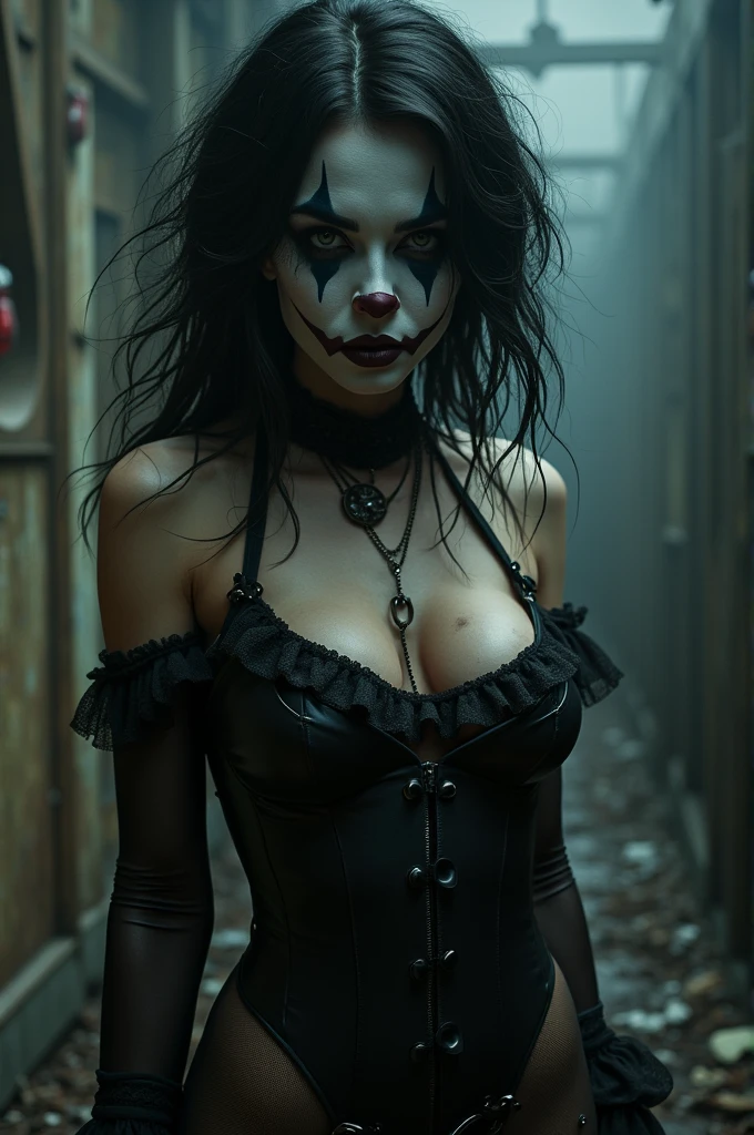 Pennywise woman with long wavy black hair with orange streaks wearing underwear with pennywise makeup