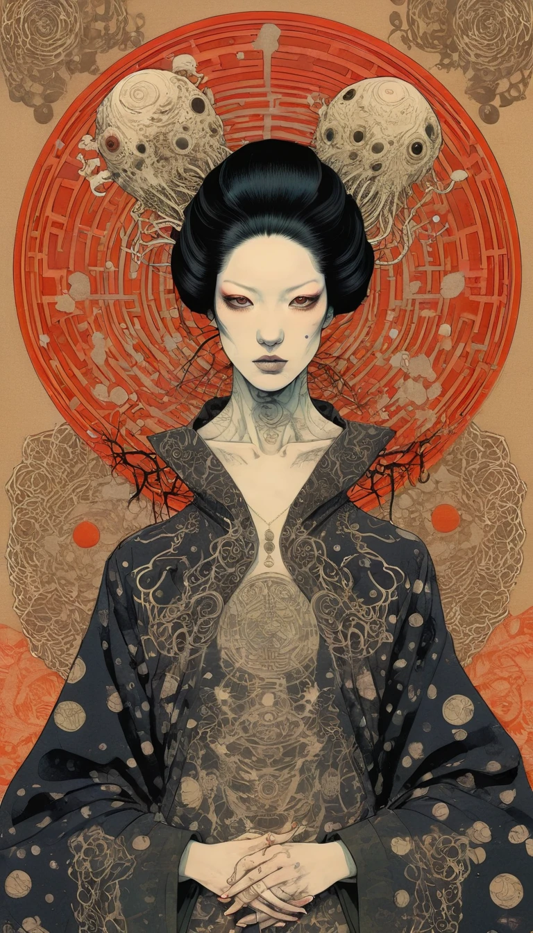 by Tsutomu Nihei,(strange but extremely beautiful:1.4),(masterpiece, best quality:1.4),in the style of nicola samori,Mantis, Ukiyo-e Art,Erik Madigan Heck Style page,portrait,illustration,drawing,outline,bold outline,symmetry,tattoo design ,Alex Gross Style page