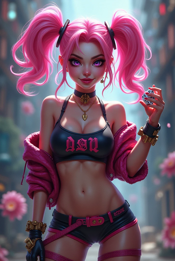 kpop girl with rizz smile face, bad ass, black gloves, bobba shake, neon cyan pink hair, tattoos on hands and neck, piercing, black mixed green striped oversized tomboy ish sweater, cool badass pose, smoke background, colorful smoke background