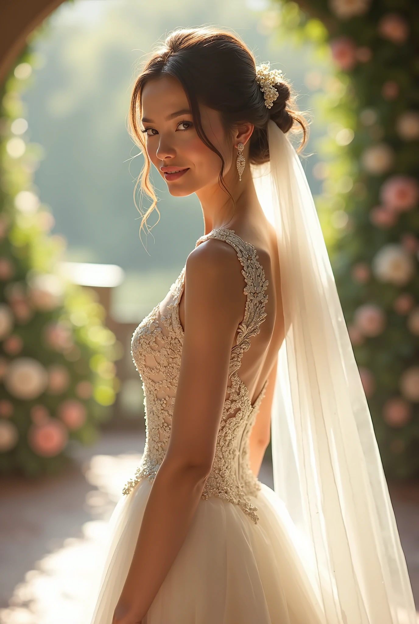 A close up of a woman in a wedding dress standing in a garden - SeaArt AI
