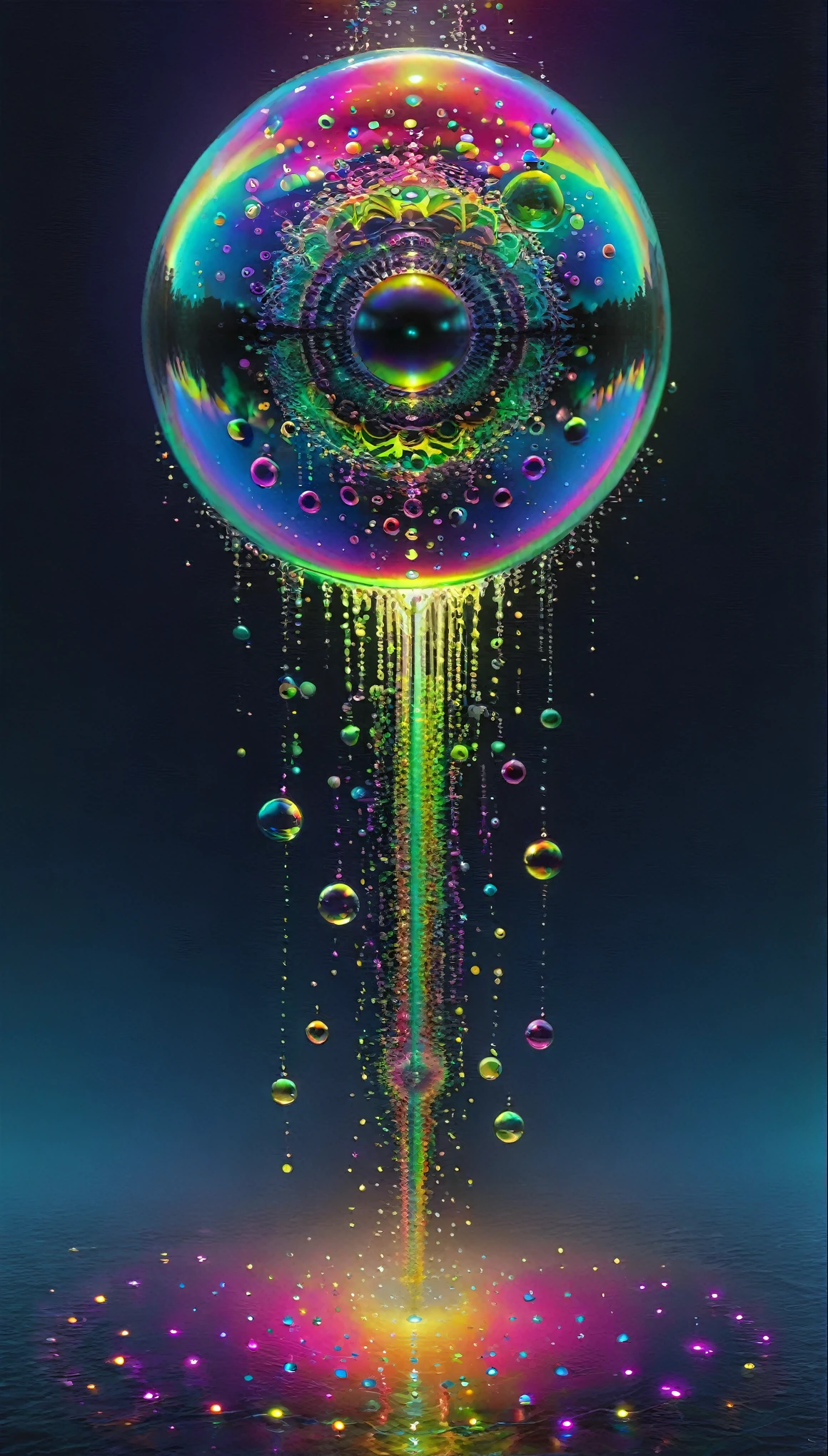 Within a black abyss Intense bright, colorful, perfectly symmetrical glass globes criss crossed back and forth with different colors of laser lights covering the circumstances of the globes and contrasting the glowing light of acidzlime within the glass. Smaller spheres of glass also pierce the black absence of light with luminescent neon pink and neon green liquid fizzing and overflowing with acidic bubbles and emptying out into reflective glass orbs that melt and drip vibrant colorful symetrical patterns that cover the ground and merge together in a quilt of intricate and complex designs. High fantasy, magical effects, hypperrealistic, hyper detailed, very aesthetic, beautiful deepunderwater bioluminescent entities in the darkest areas in the background protest against the black by communicating with colorful light. Etheral, Surreal, yet Realistic, stark contrast of black and super bright neon and fluorescent colors, like toxic waste glows, acidzlime, acid aura, AcidMagic, Portrait photography, cinematic photography, photorealistic UHD, intricate, complex, attention to details, optical illusions, unique patterns and designs, avant garde, masterpiece In a room with mirrors for walls glass is morphing from colors inside of intricate rainbow patterns, perfectly formed symmetrical spheres and glowing reflective bubbles are everywhere melting into fizzy neon patterns carpeting the ground. Attention to detail on the bubbles and spheres, rainbows of color twisted in and out of translucent orbs, spilled paint and spirals of swirling color in the background, beautiful psychedelic digital art, pixel art, neon colors, 4d mandelbulb psychedelics, glass-like psychedelic landscape, intricate rainbow environment, psychedelic underwater brightness, trails of color and light, bright fluorescent colors, psychedelic vibrant colors, bright psychedelic neon colors, colorful paint drips out of the bubbles, 3D glass spheres melting into each other.Photorealistic, UHD, realism,shine.Mast
