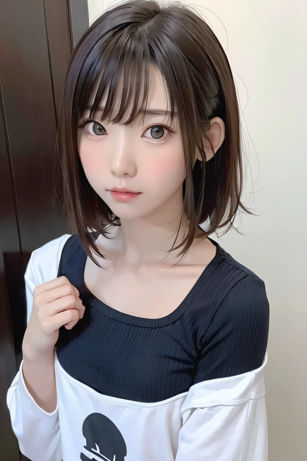 (masterpiece、 best quality、 Super detailed description、 ultra high resolution)、( Portrait Shooting :1.3)、 girl、solo、((small chest))、cute、 idol face、Simple Concrete Background、Stand with your back against a wall、 face、Front closure、notched collar