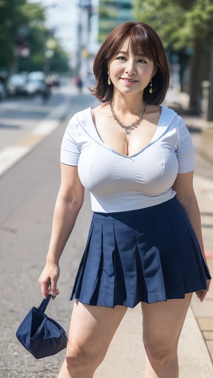 full body shot, from below,  japanese mature, 55 years old,  detailed face , smile,  white skin, (curvy body, Large Breasts,  Plump Thighs:1.5), (earrings,  Necklaces ,  high school uniform ,  sailor suit, navy blue ultra short pleated skirt:1.2), (Short socks, wearing loafers :1.2), ( full body shot from toe to head, Standing on the sidewalk:1.2), ( surrealism, best quality, ultra detailed, absolutely resolution, 8k, anatomically correct), depth of field, looking at viewer, tachi-e,A mature woman is cosplaying and filming