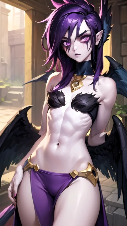 masterpiece, best quality, 1girl, morgana, dark purple hair, long hair, purple eyes, bare shoulders, dress, crop top, tiny chest, off shoulder, solo, wings, looking at viewer, boyish girl, 1boy, flat chest, top, collarbones, waist, tight abs, thin, ashamed, tall woman, long body, realistic face, anorexic, tight abs, pale skin, naked, moles over body, long face, jumping