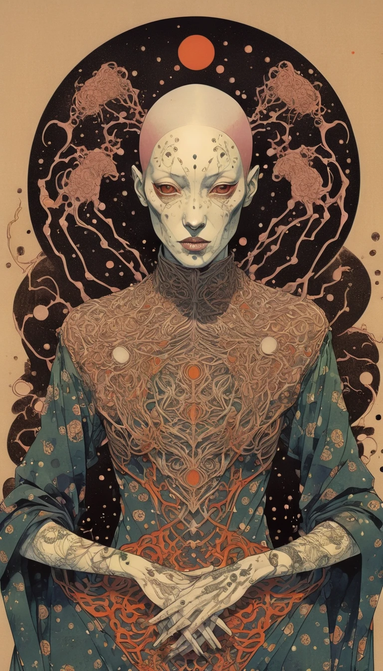 by Tsutomu Nihei,(strange but extremely beautiful:1.4),(masterpiece, best quality:1.4),in the style of nicola samori,Mantis, Ukiyo-e Art,Erik Madigan Heck Style page,portrait,illustration,drawing,outline,bold outline,symmetry,tattoo design ,Alex Gross Style page