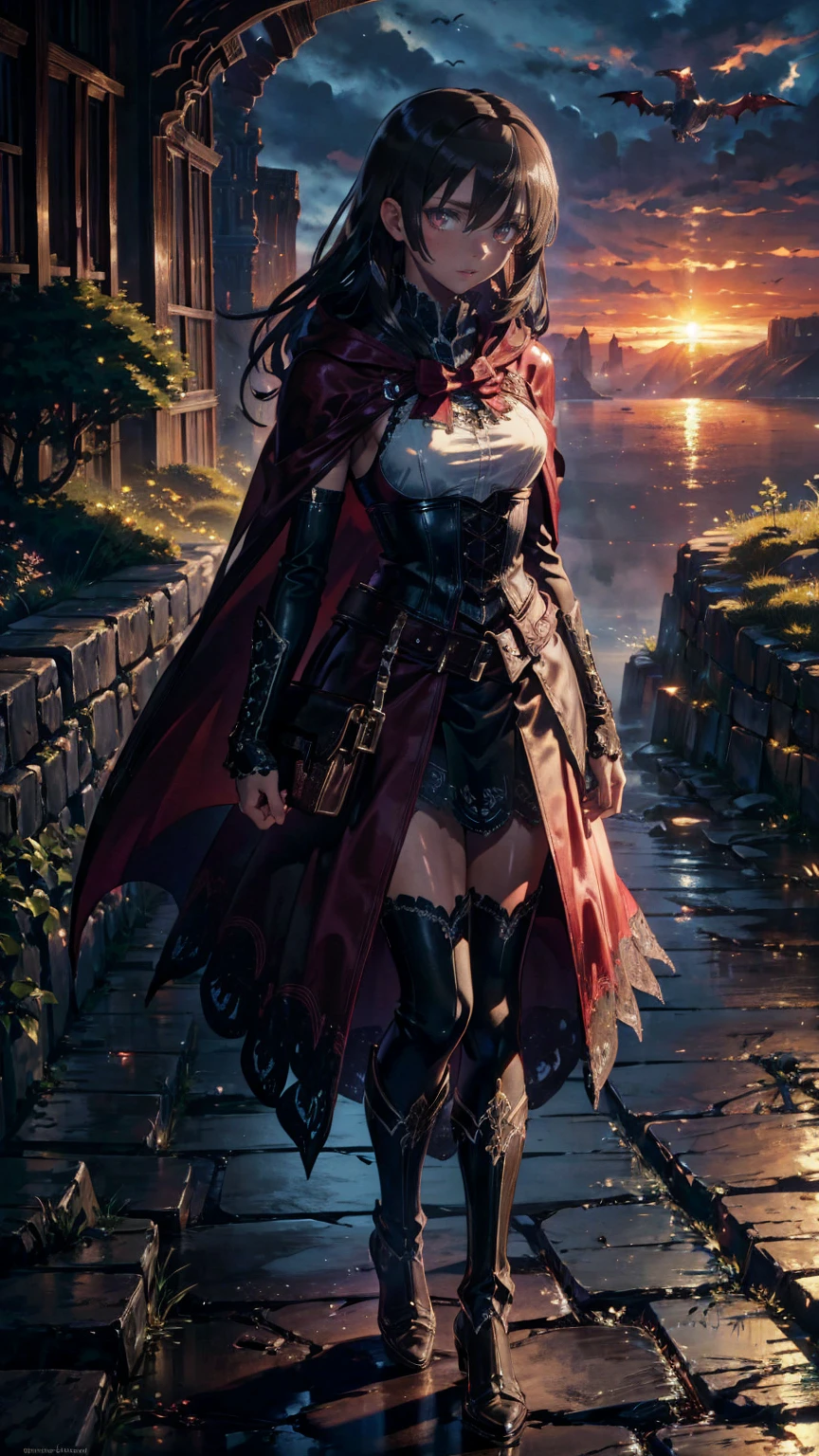 Beautiful 25-year-old British female vampire mercenary with short dark hair, 青whiteい肌,  with short black hair , A beautiful 25-year-old British female vampire mercenary with two pistols ,  front view,  waist up shot,  Dynamic Poses,  Ambient Lighting , Photographic realism,  Intricate Face Details ,  exquisite handmade details ,  very detailedな,  bright color ,  Movie-like ,  high definition ,  wearing a red leather jacket and tight black pants 、Arafed, dark  Fantasy  art, Gothic art, (masterpiece:1.5), Full-body vest details,  very detailedな,  best quality,  high definition , full vampire portrait, (masterpiece:1.4,  best quality), tooth, Ultra-feminine ( Intricate Details :1.4, masterpiece,  best quality) ocean-themed armor , Dark Hair, red eyes ( Fantasy  art:1.3, masterpiece,  best quality), ((Beautiful delicate face)), Super detailedな顔 ( Intricate Details :1.4,  Fantasy  art, masterpiece,  best quality), [visible sharp vampiric tooth] ( Intricate Details ,  Fantasy  art, masterpiece,  best quality), [ anatomically accurate]  red cloak,  flowing cloak  ( Intricate Details ,  Fantasy  art, masterpiece,  best quality), wearing intricate leather outfit [white]  dress ( Intricate Details , Gothic art, masterpiece,  best quality),  high heel boots ,  Blood Drips on Lips , Urban Background ( intense detail , Beat Details ),  Fantasy , In the light of night, nature ,Moonlight, soft Moonlight, Moonlight, cloud,  Gothic Atmosphere ,  Gothic Street Background ,  Bats Flying in the Background , Soft light,  Dynamic Light , [[ anatomically accurate]],  HIGH DETAILS  ,  best quality, 8k, [Super detailed], masterpiece,  best quality, ( very detailed),  dynamic angle ,  ultra wide shot, born, Realistic,  zrpg style 
