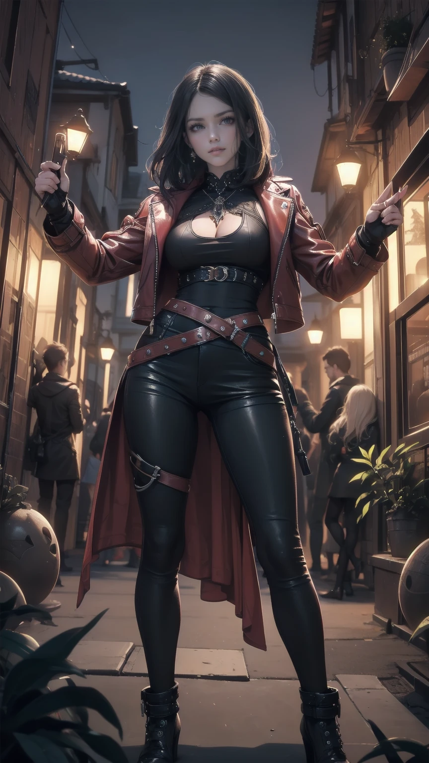 Beautiful 25-year-old British female vampire mercenary with short dark hair, Pale skin,  with short black hair , A beautiful 25-year-old British female vampire mercenary with two pistols ,  front view,  waist up shot,  Dynamic Poses,  Ambient Lighting , Photographic realism,  Intricate Face Details ,  exquisite handmade details ,  several people having fun with each other while having very detailed ,  bright color ,  Movie-like ,  high definition ,  wearing a red leather jacket and tight black pants 
