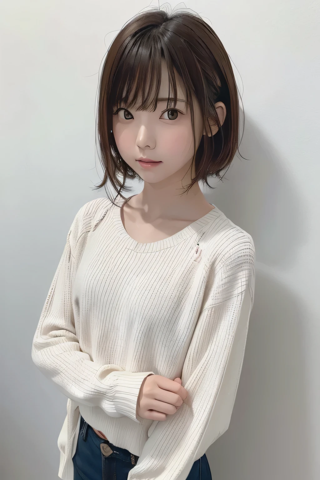 (masterpiece、 best quality、 Super detailed description、 ultra high resolution)、( Portrait Shooting :1.3)、 girl、solo、((small chest))、cute、 idol face、Simple Concrete Background、Stand with your back against a wall、Front closure、sweater