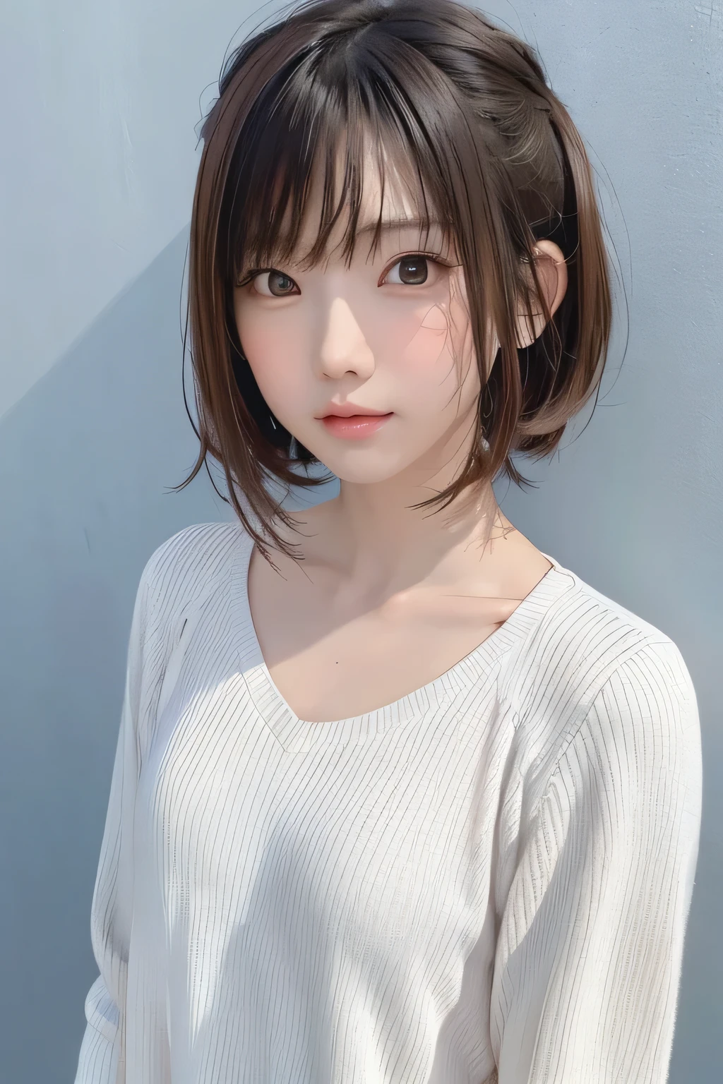 (masterpiece、 best quality、 Super detailed description、 ultra high resolution)、( Portrait Shooting :1.3)、 girl、solo、((small chest))、cute、 idol face、Simple Concrete Background、Stand with your back against a wall、front view、sweater